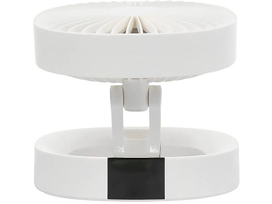 Ein weißer, kompakter Tischventilator mit drehbarem Kopf und schwarzem Display auf der Basis.