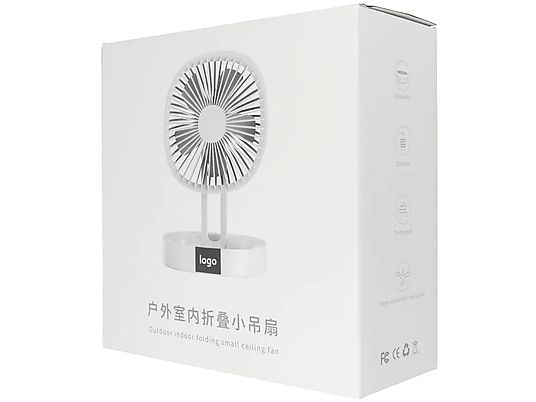 Eine weiße Produktverpackung zeigt einen tragbaren, kleinen Ventilator mit einem runden Kopf und einer Standbasis.