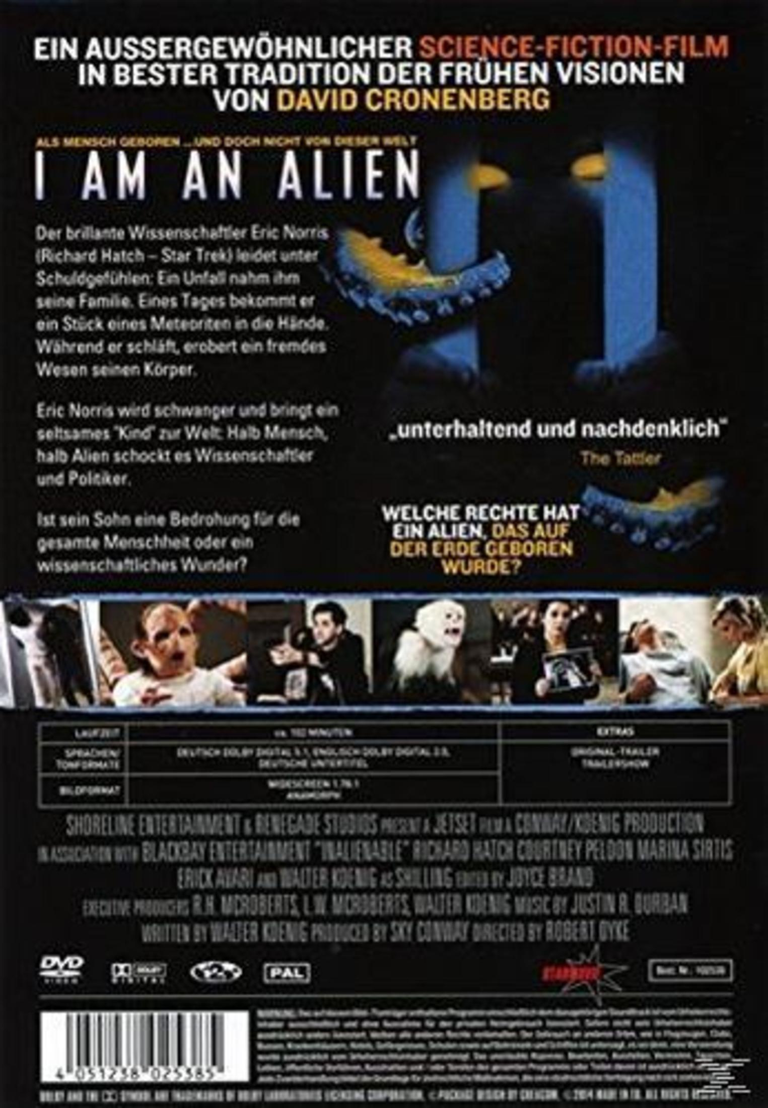 Rückseite einer DVD-Hülle des Films I Am An Alien mit Text, Bildern und technischen Daten.