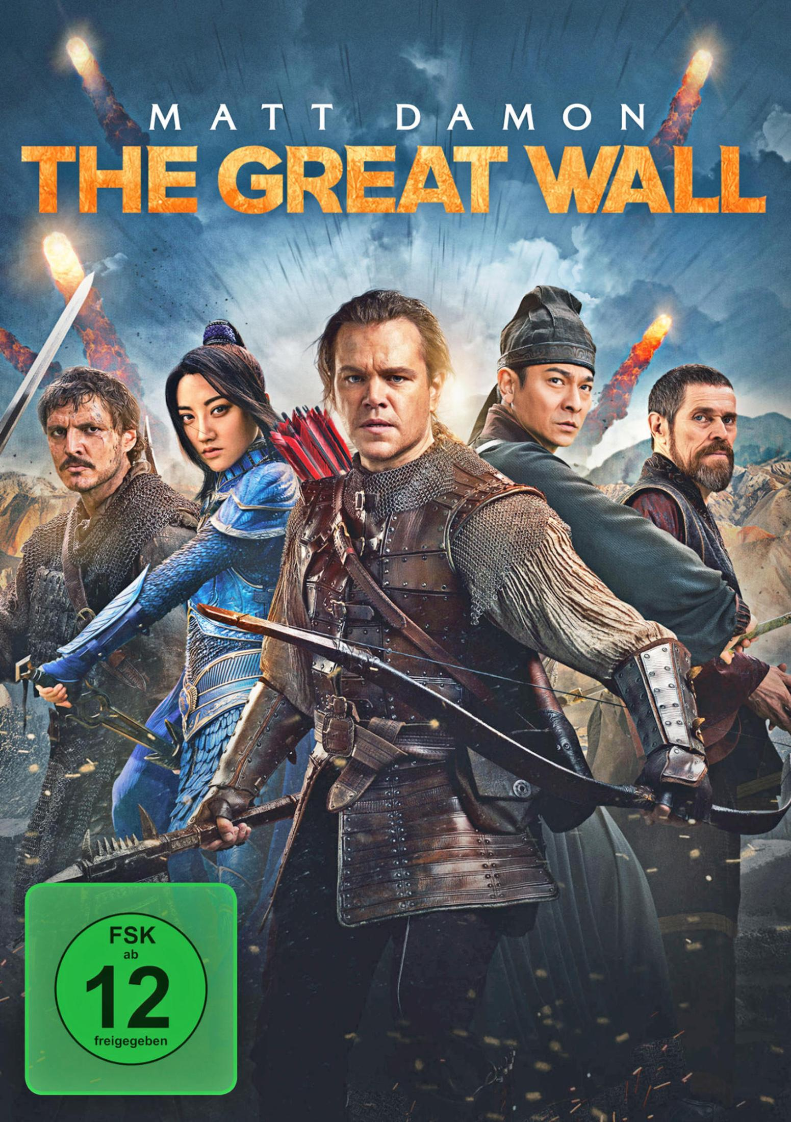 Filmposter von The Great Wall mit Matt Damon und weiteren Kriegern vor brennendem Himmel.