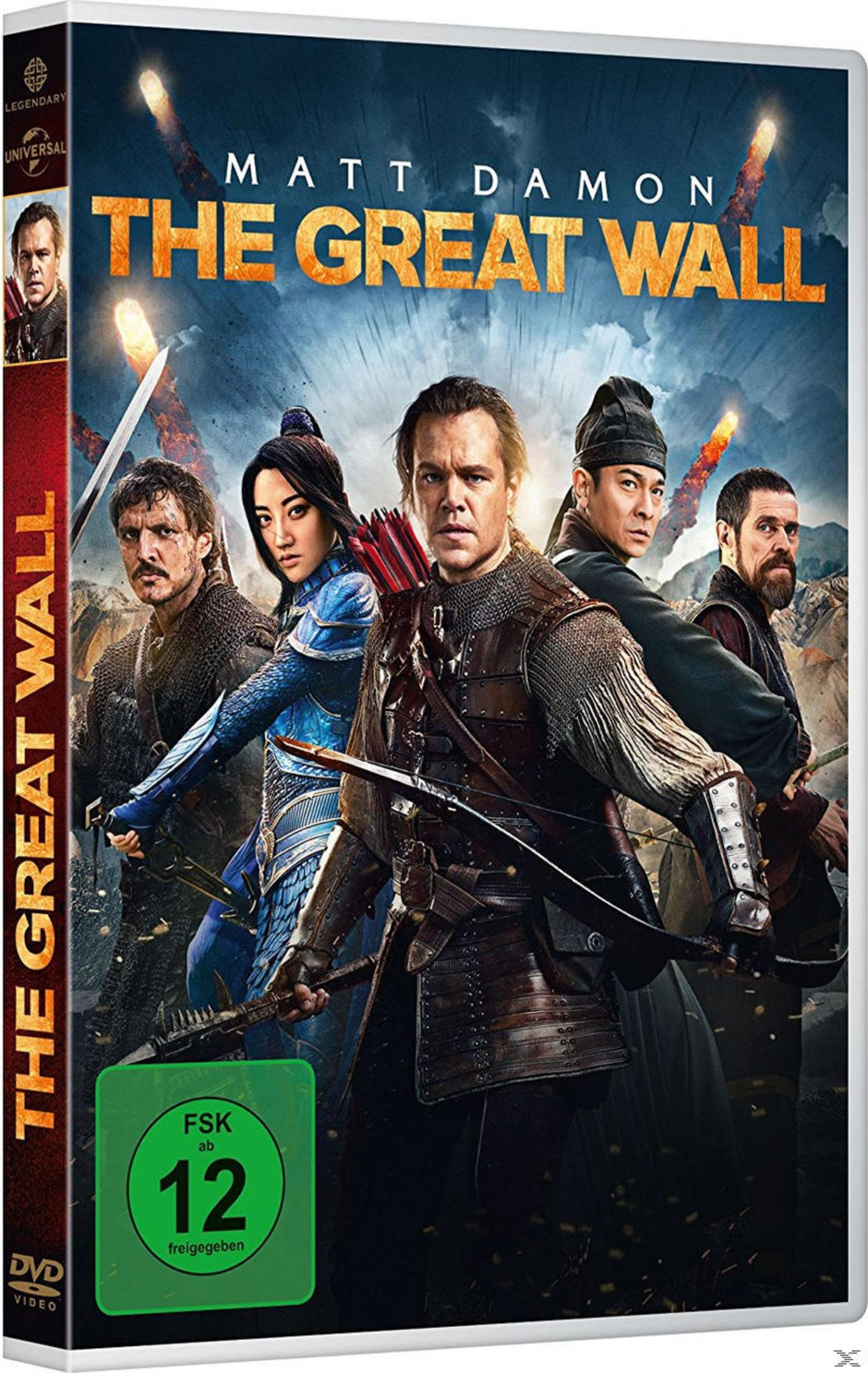 Blu-ray-Cover von Der große Mauer mit Matt Damon und anderen Kriegern im Vordergrund, im Hintergrund Schlachtszene.