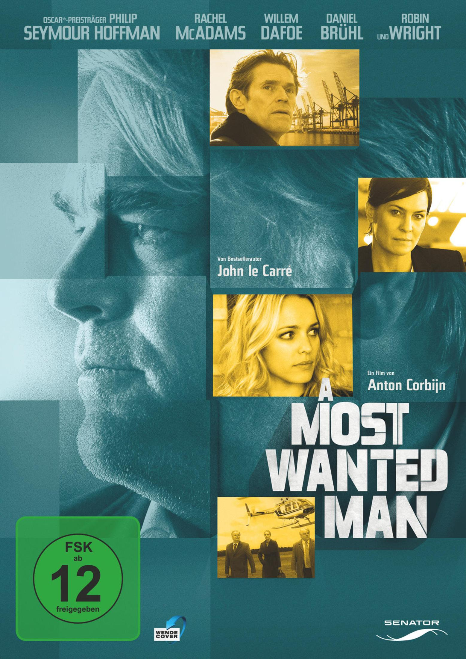 Filmposter zu A Most Wanted Man mit Philip Seymour Hoffman und Besetzung vor tealem Hintergrund.