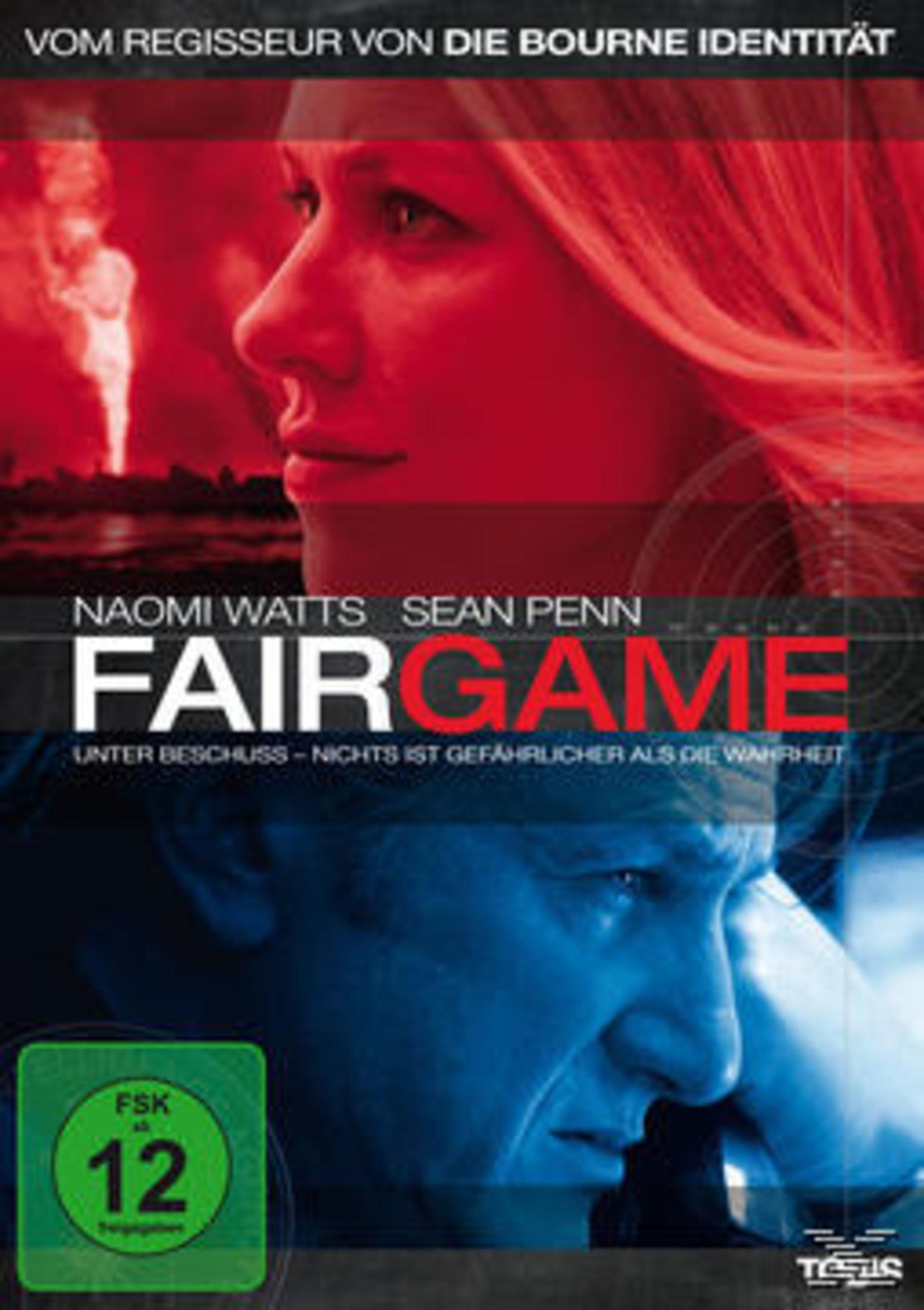 DVD-Cover von Fair Game mit Naomi Watts und Sean Penn, geteilt in rote und blaue Hälften.