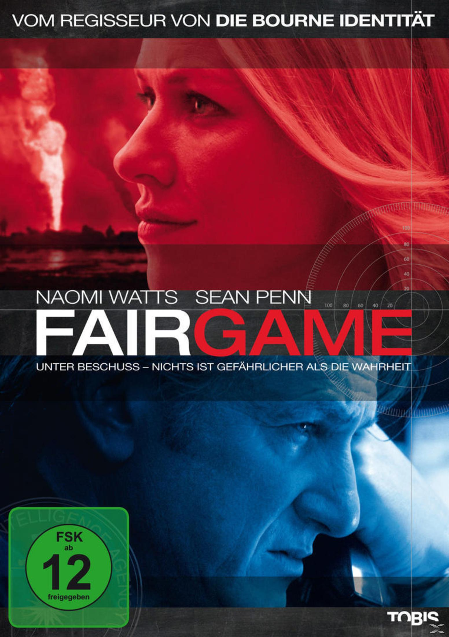 Filmplakat von Fair Game mit Naomi Watts und Sean Penn in geteiltem Rot- und Blau-Design.