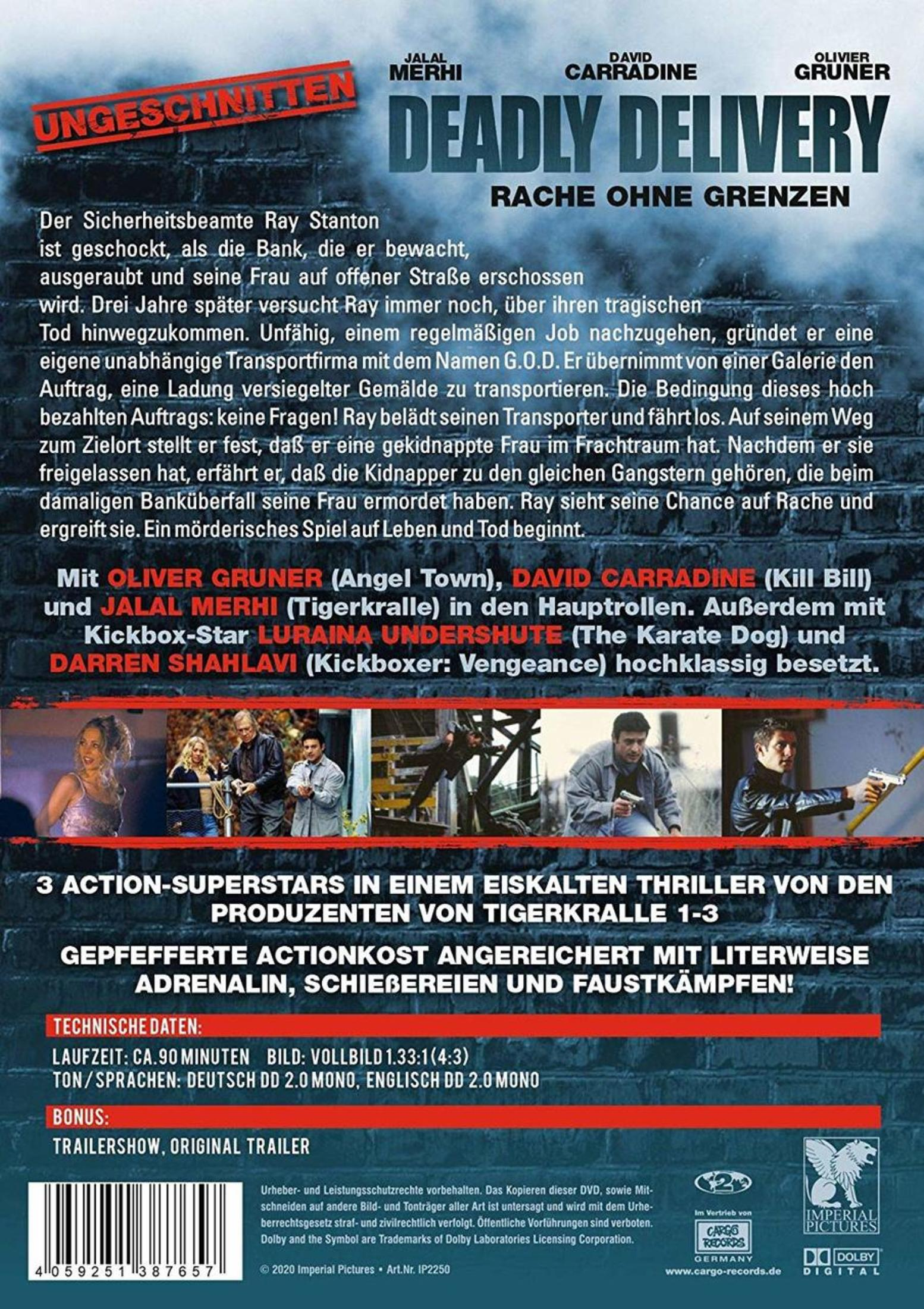 DVD-Rückseite des Actionfilms Deadly Delivery mit Text, Szenenbildern, Darstellernamen und technischen Daten.