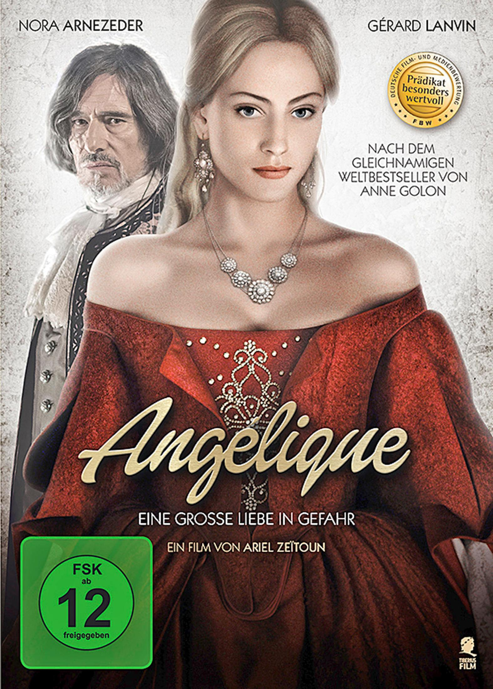 Filmposter von Angelique mit Nora Arnezeder im roten Kleid und einem älteren Mann im Hintergrund.