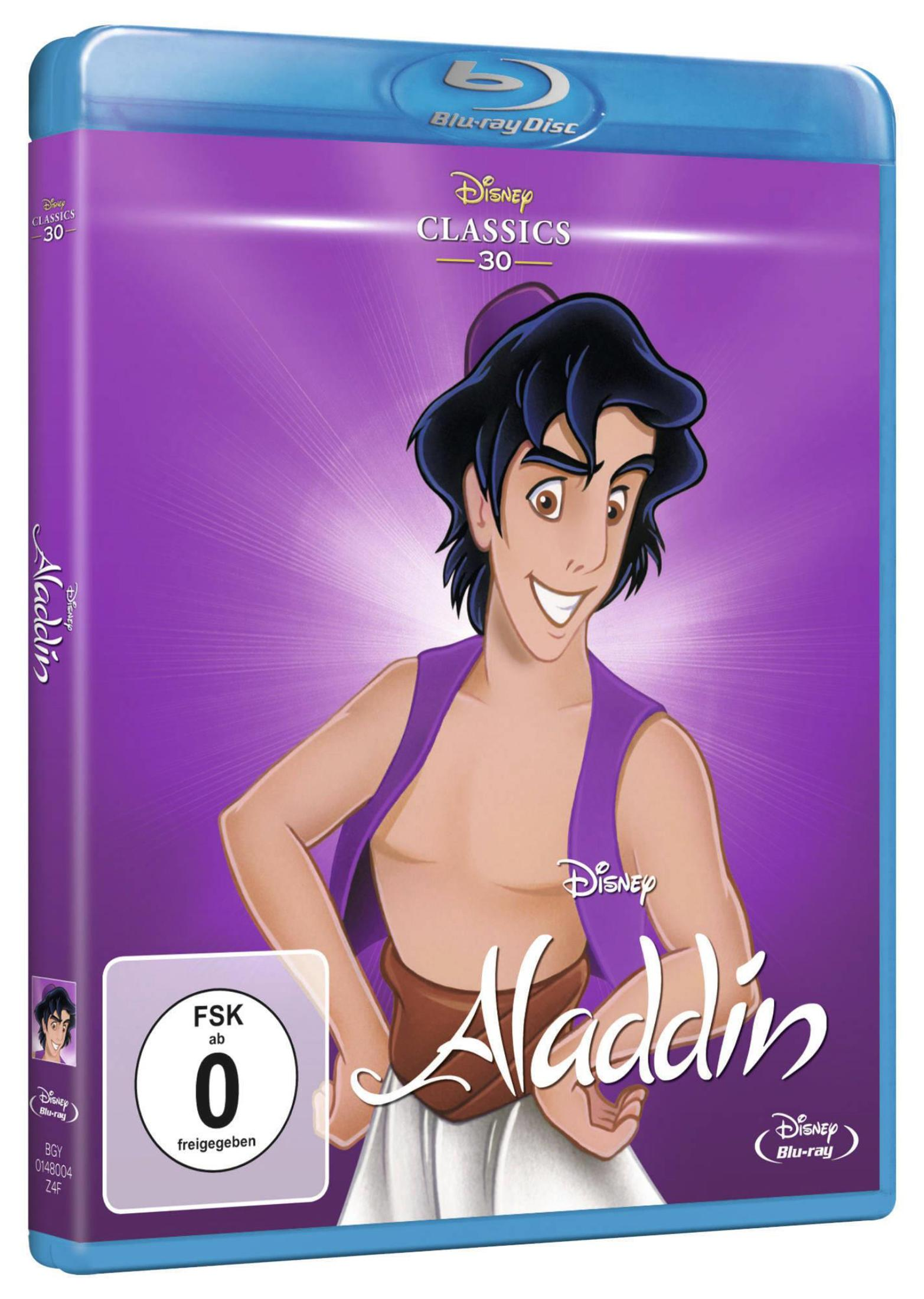 Aladdin Blu-ray Cover mit dem Charakter Aladdin vor violettem Hintergrund und FSK-0-Logo.