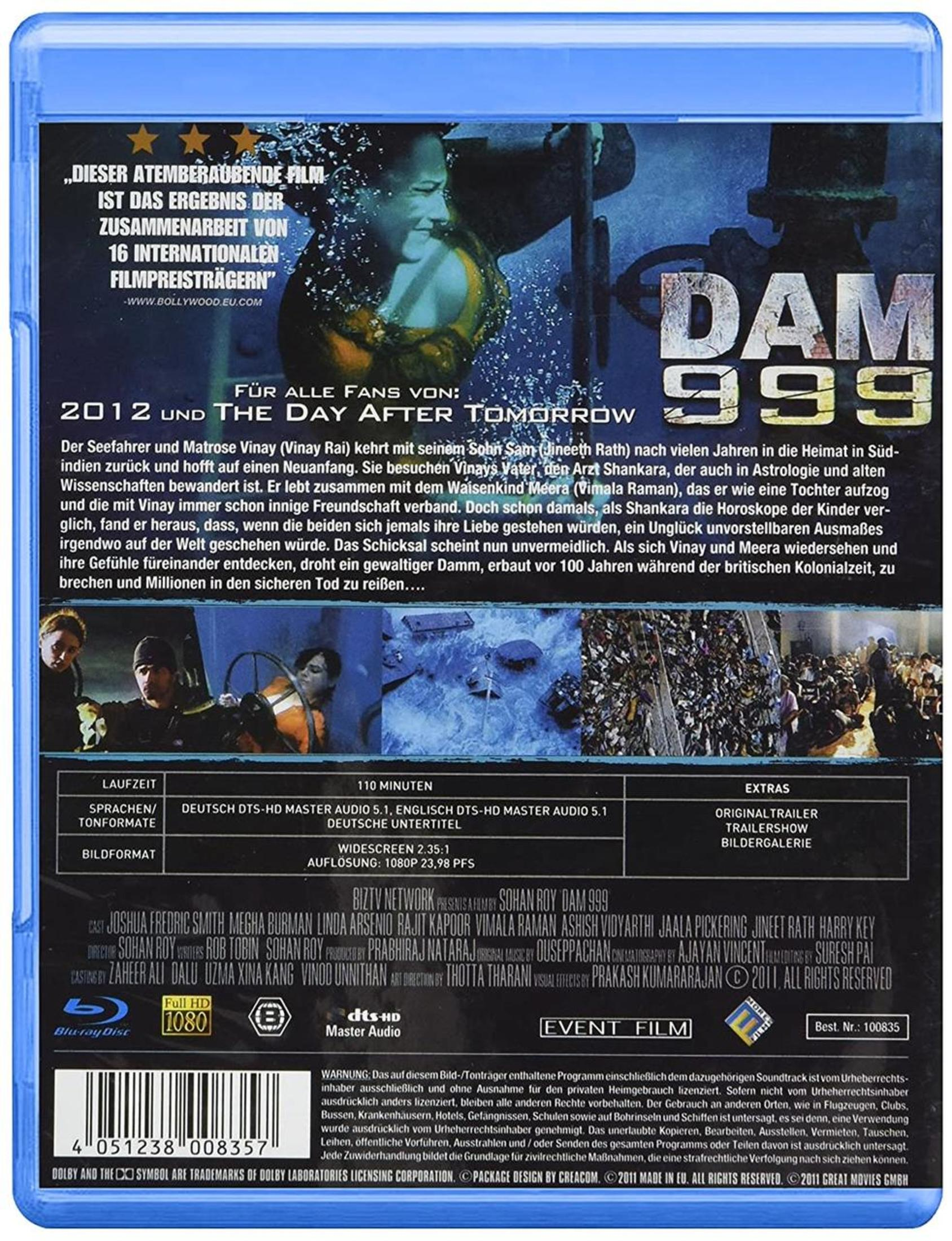 Rückseite einer Blu-ray-Hülle des Films Dam 999 mit Texten, Bildern und technischen Details auf Deutsch.