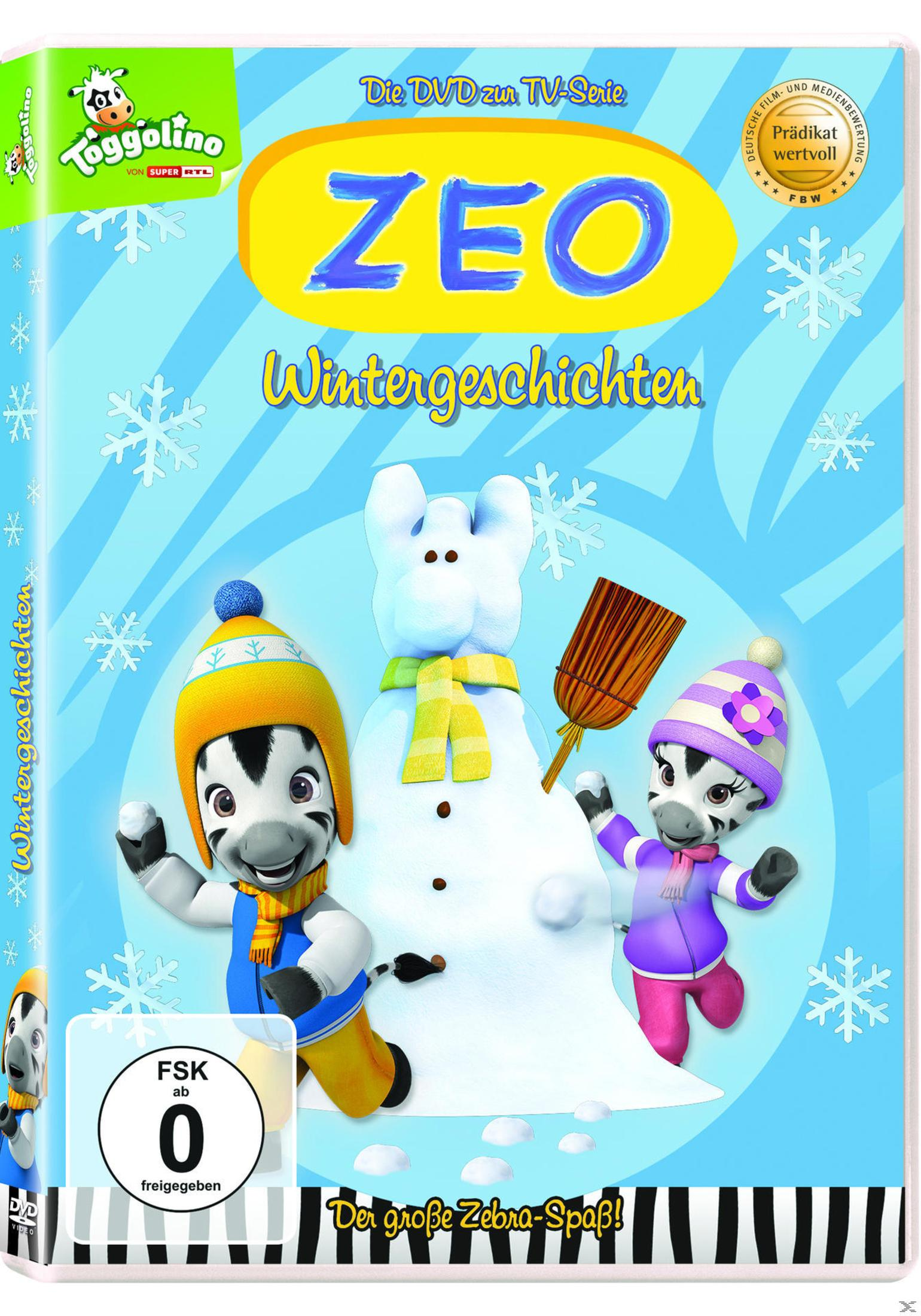 DVD-Cover von Zeo Wintergeschichten mit zwei Zebras im Schnee und einem Schneemann vor blauem Hintergrund.
