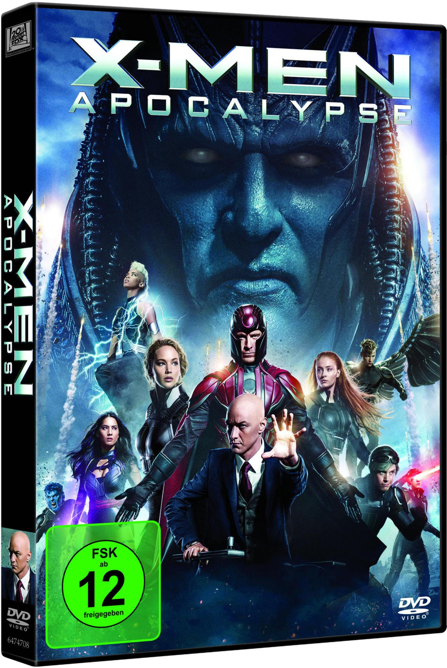 DVD-Hülle für X-Men Apocalypse mit Hauptcharakteren vor einem riesigen blauen Bösewicht.