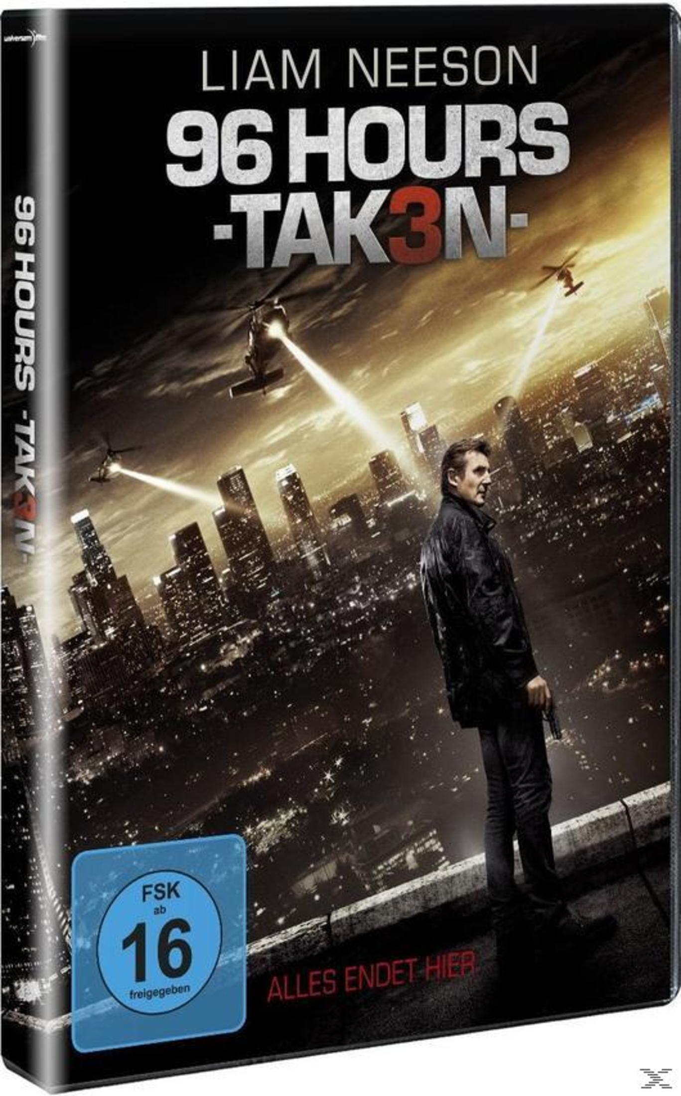 DVD-Cover von 96 Hours Taken 3 mit Liam Neeson mit Waffe auf einem Dach bei Nacht und Hubschraubern über der Stadt.