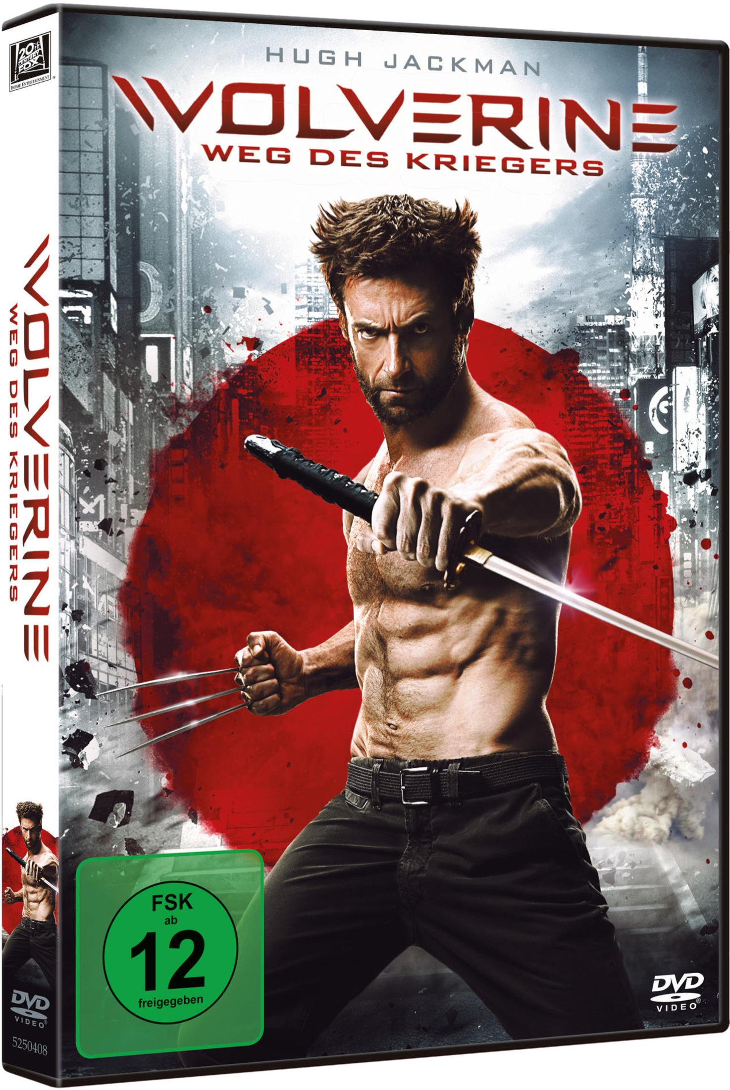 DVD-Cover für Wolverine mit Hugh Jackman, der ein Schwert hält und Metallkrallen vor einem roten Kreis zeigt.