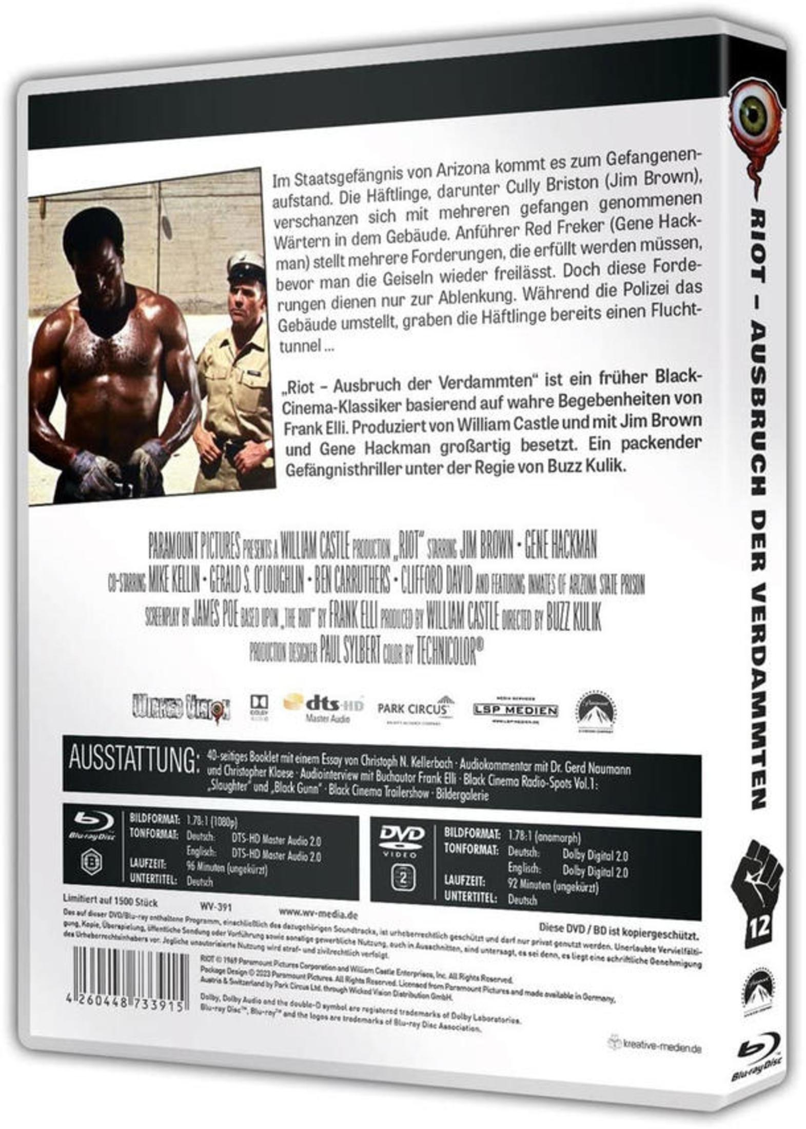 Rückseite einer Blu-ray-Hülle des Films Riot mit Jim Brown und Gene Hackman, Text und Bildern.