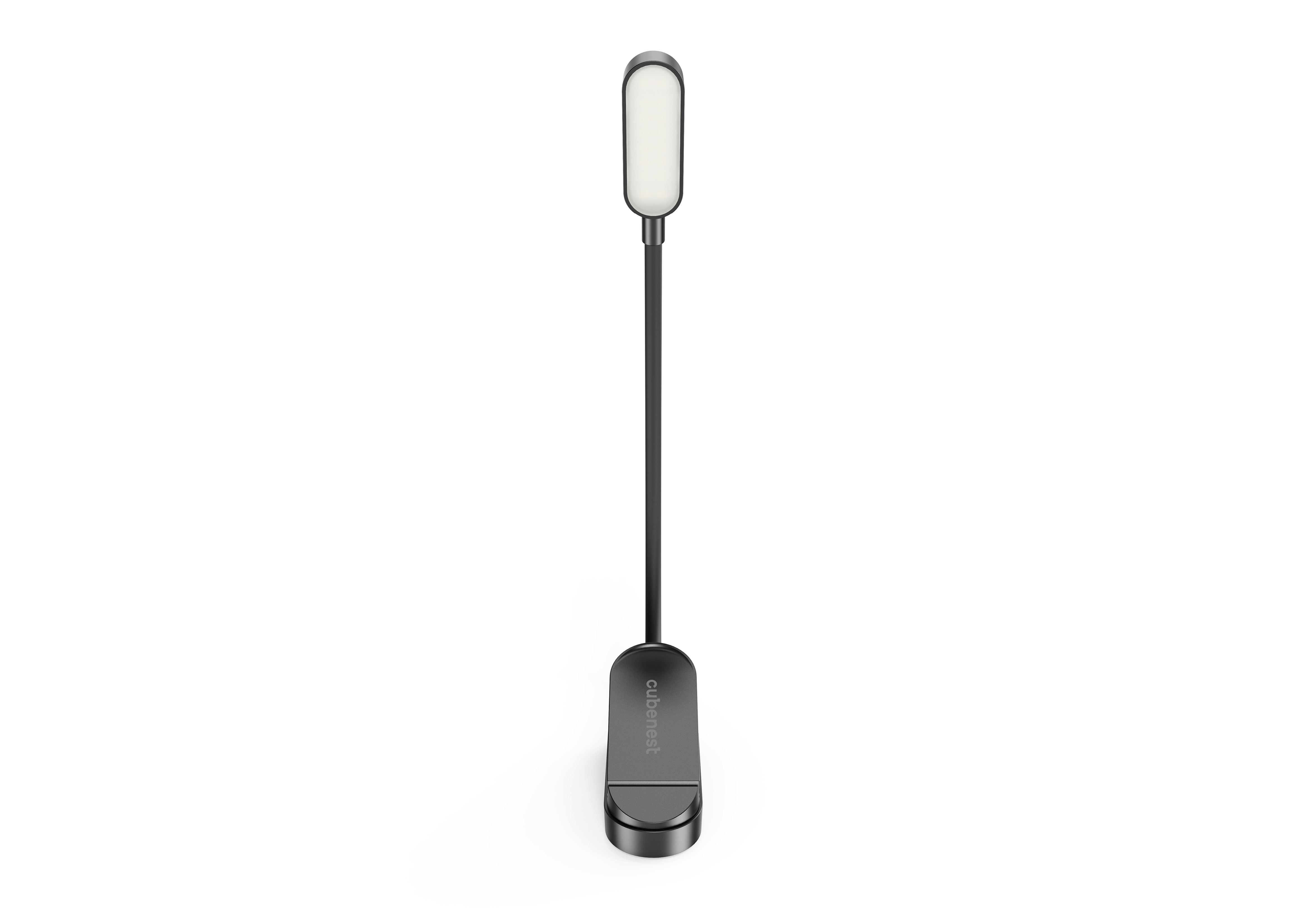 Eine schlanke, schwarze Klemmlampe mit ovalem Leuchtkopf auf einem biegsamen Hals vor weißem Hintergrund.