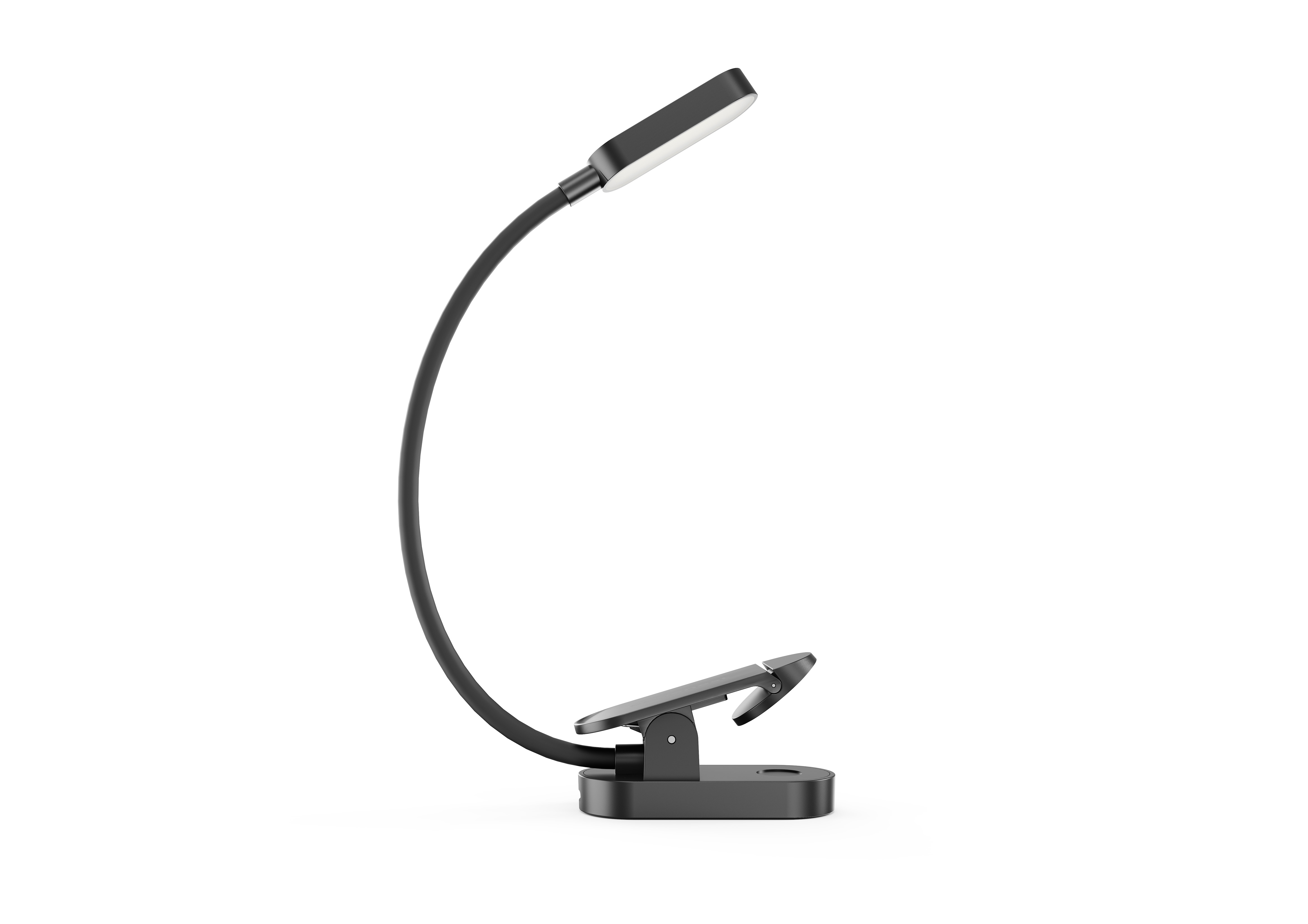 Eine schwarze LED-Klemmlampe mit flexiblem Schwanenhals und flachem Kopf auf weißem Hintergrund.