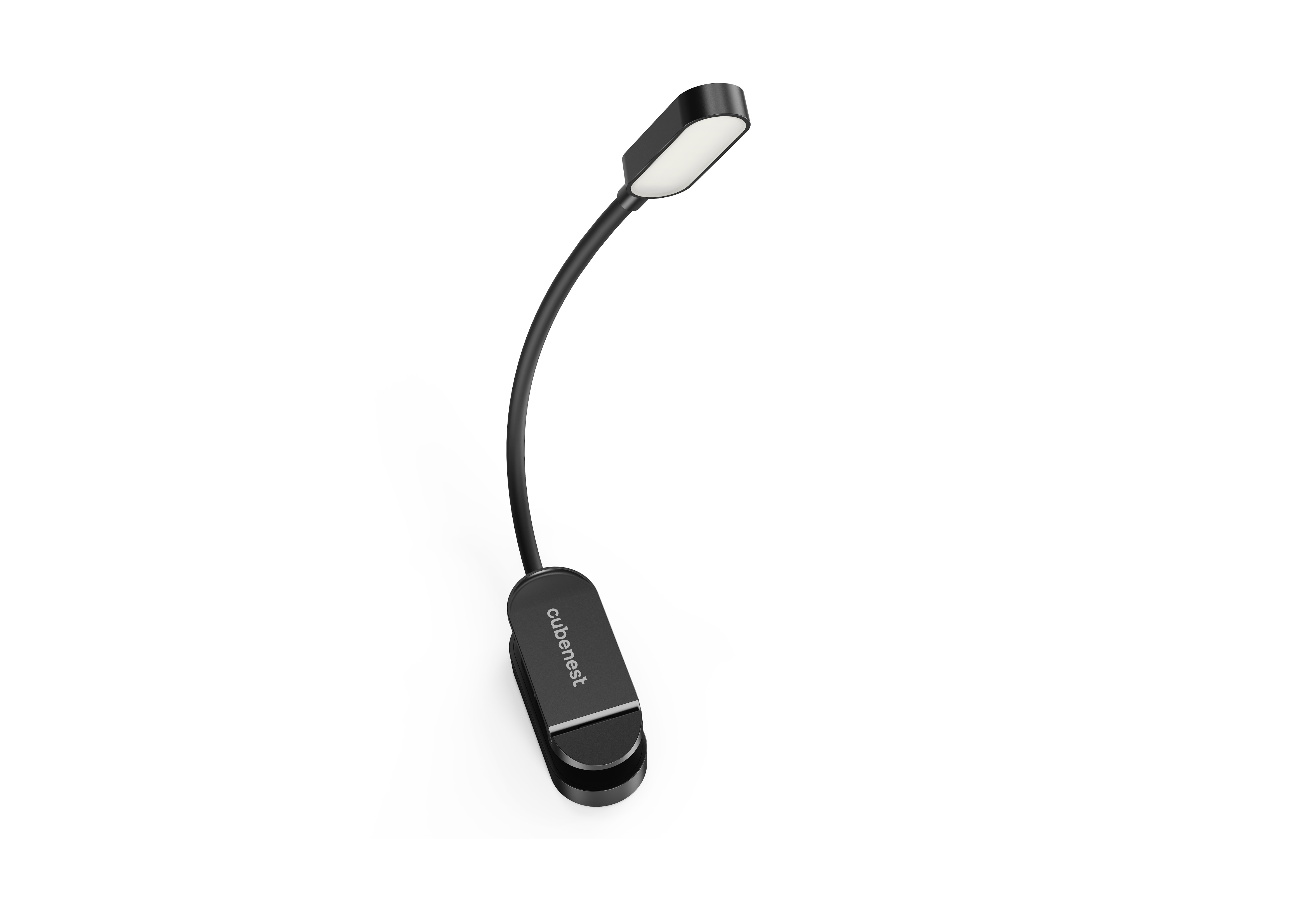 Eine schwarze Klemmleuchte mit flexiblem Schwanenhals und weißem Lichtfeld vor weißem Hintergrund.