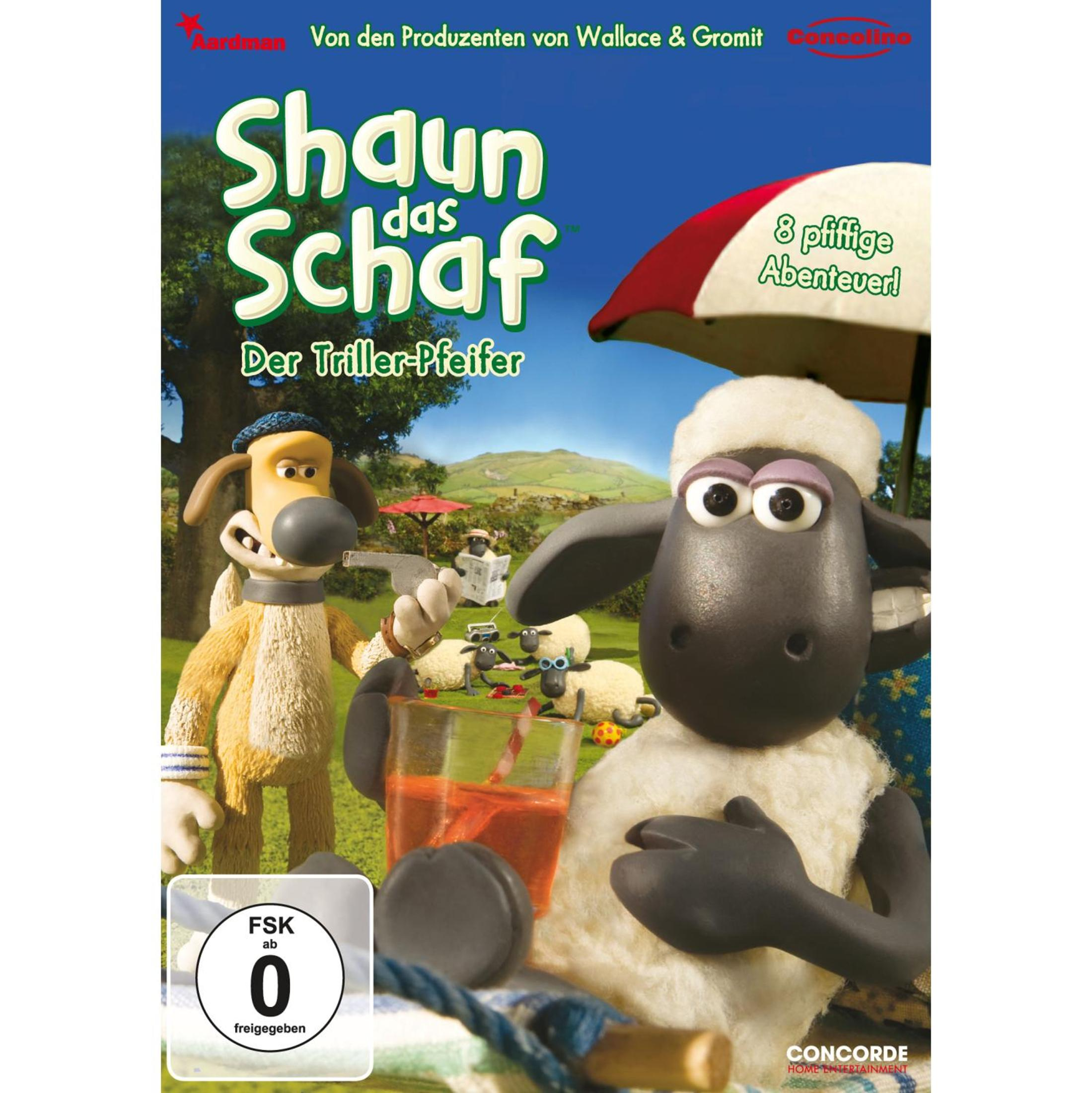 Shaun das Schaf DVD-Cover mit Schaf, Hund, Regenschirm und Landschaft im Hintergrund.