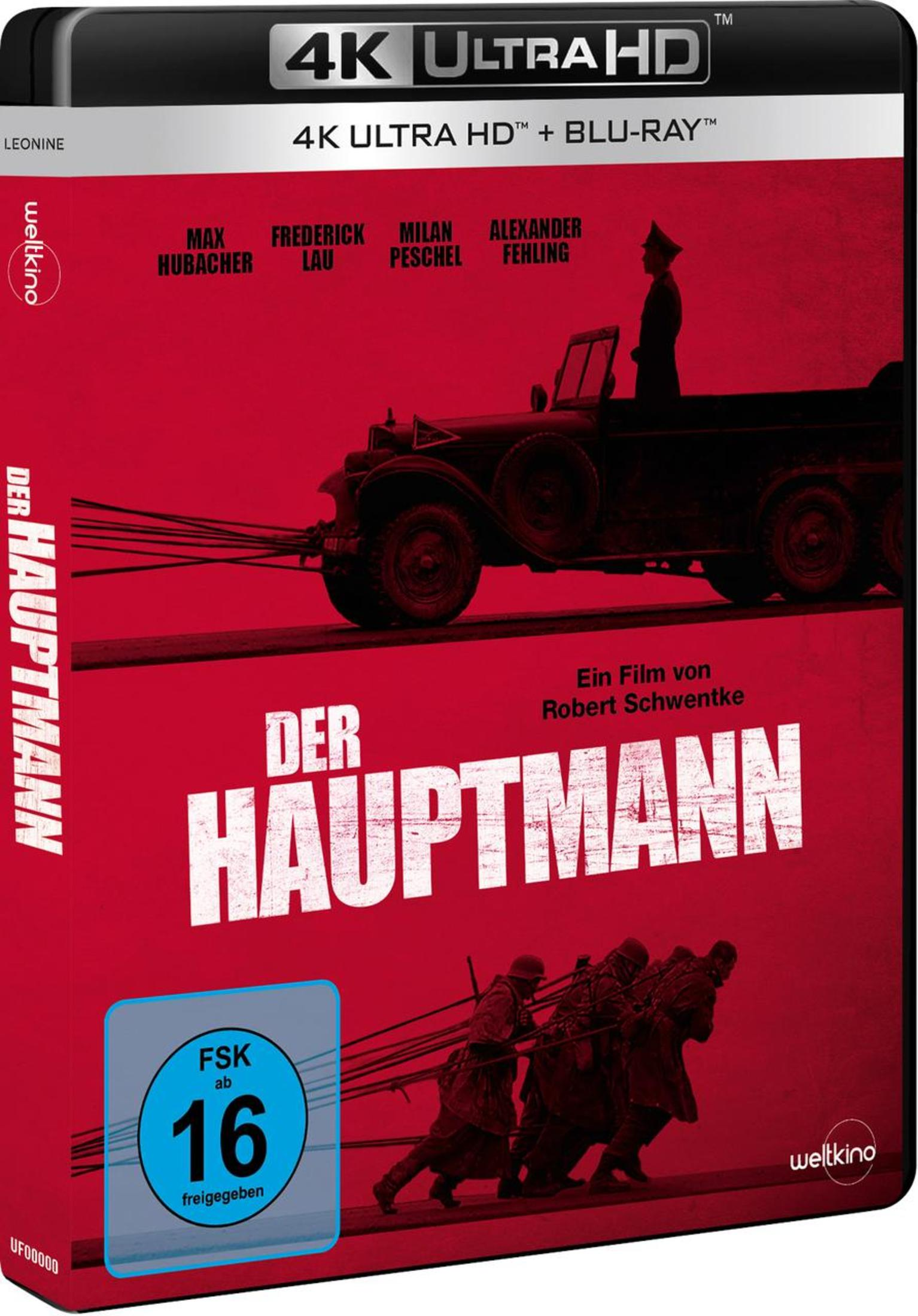 DVD-Cover von Der Hauptmann mit einem Auto, Soldaten und rotem Hintergrund sowie FSK-16-Logo.