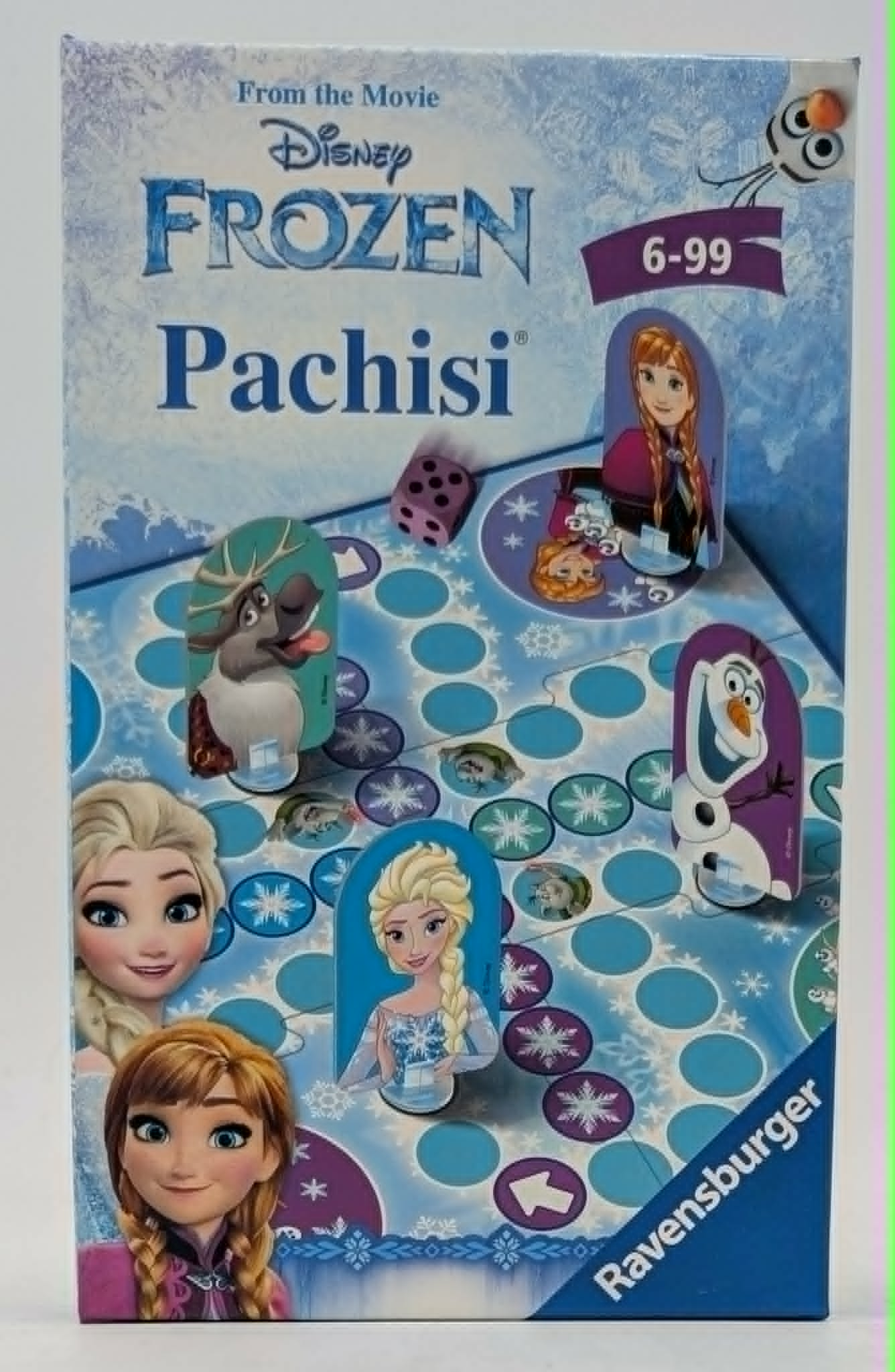 Disney Frozen Pachisi Brettspielkarton mit Elsa, Anna, Olaf und Sven.