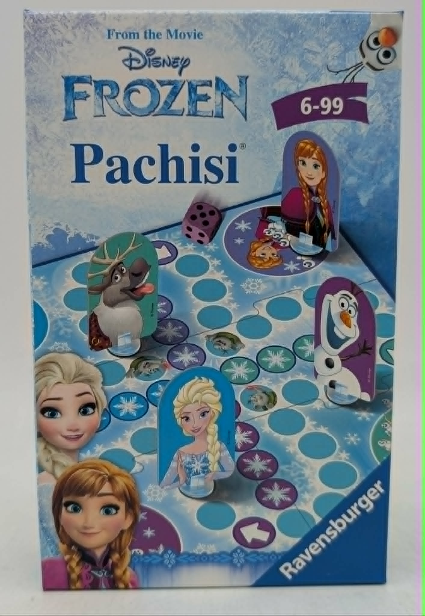 Disney Frozen Pachisi Brettspielkarton mit Figuren von Elsa, Anna, Olaf und Sven vor eisigem Hintergrund.
