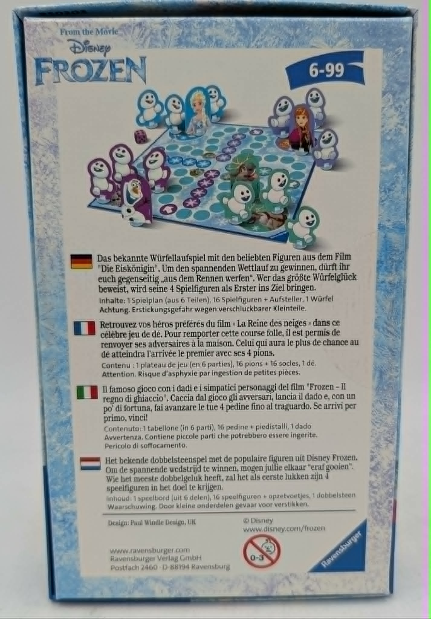 Rückseite einer Frozen-Brettspielverpackung mit Spielbrettbild, Figuren und Texten in vier Sprachen.