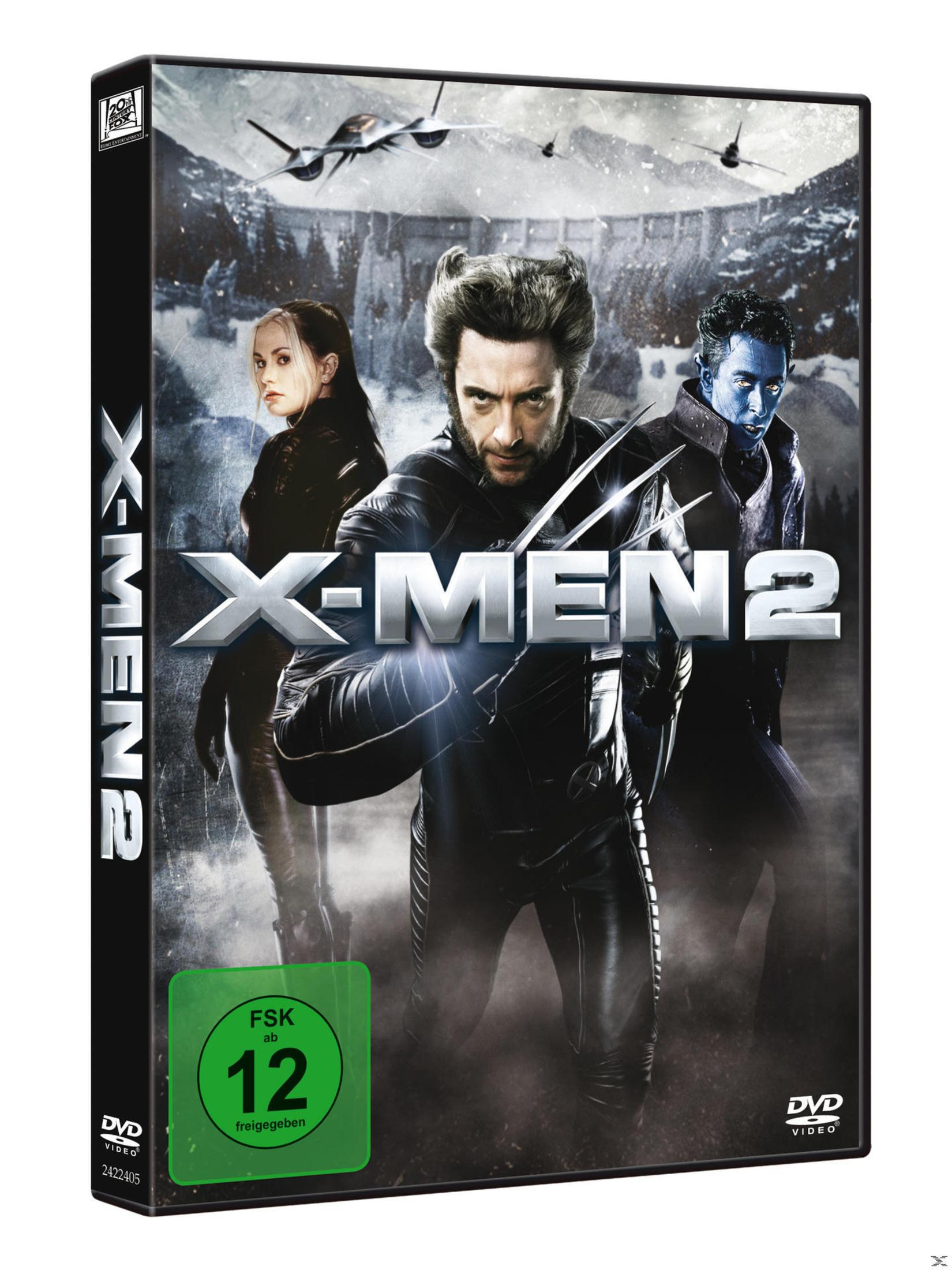 DVD-Cover von X-Men 2 mit Wolverine, Rogue und Nightcrawler vor einem winterlichen Hintergrund.