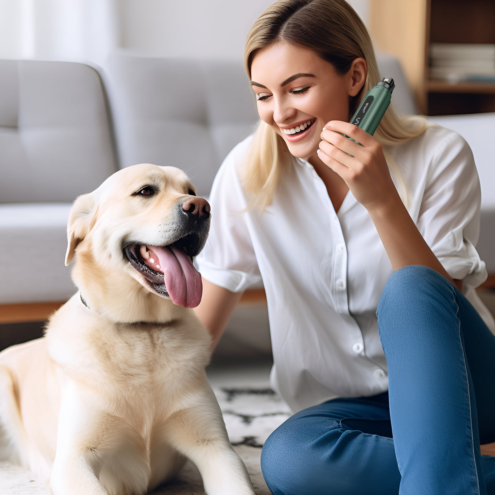 Eine lächelnde Frau sitzt im Wohnzimmer auf dem Boden und hält ein grünes Haustierpflegegerät neben einem Labrador.