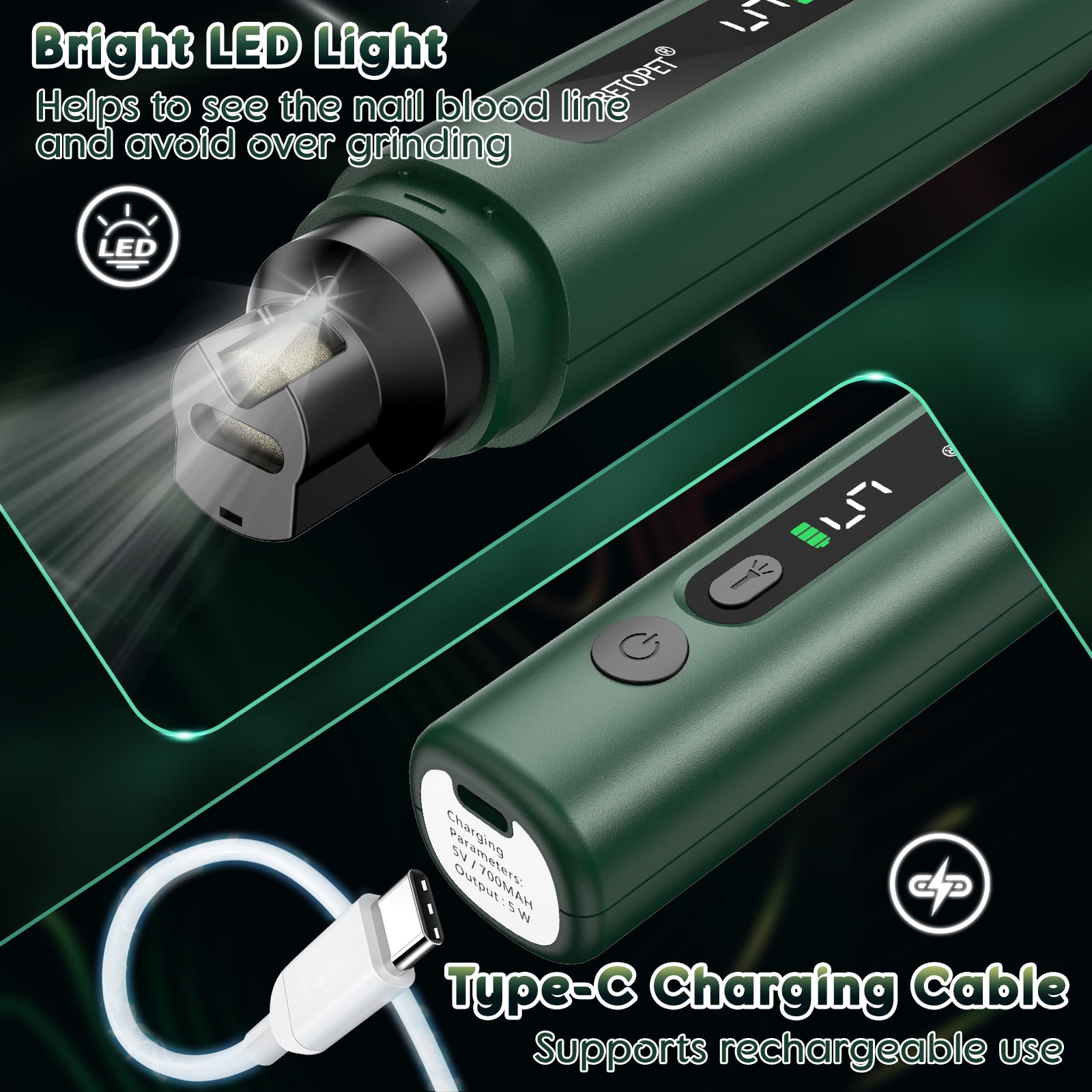 Grüner elektrischer Krallenschleifer mit LED-Licht und USB-C-Ladekabel.