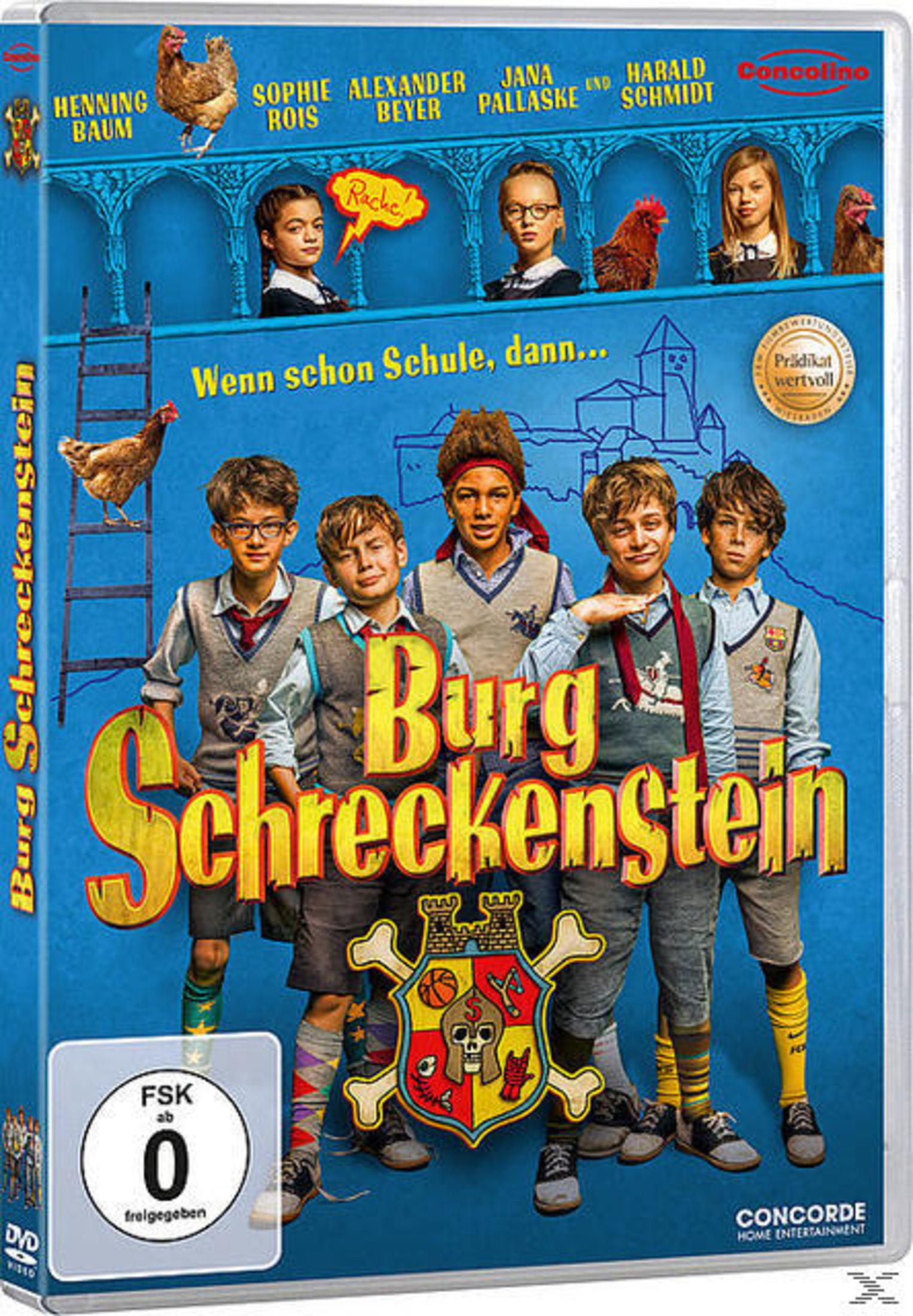 DVD-Cover von Burg Schreckenstein mit fünf Schülern in Uniform, Wappen und Hühnern.