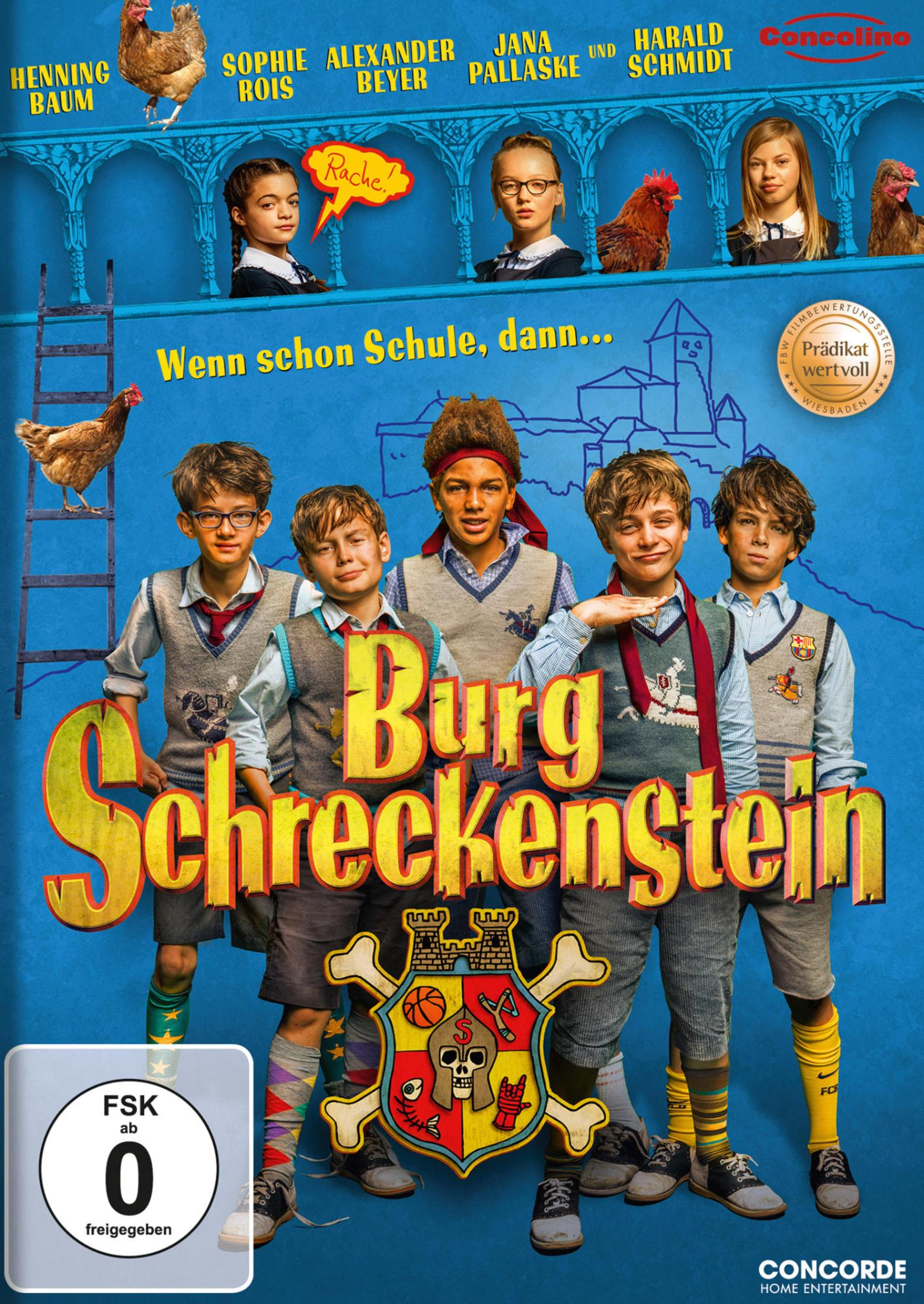 Filmposter zu Burg Schreckenstein mit fünf Jungen in Schuluniformen, Hühnern und den Namen der Schauspieler.
