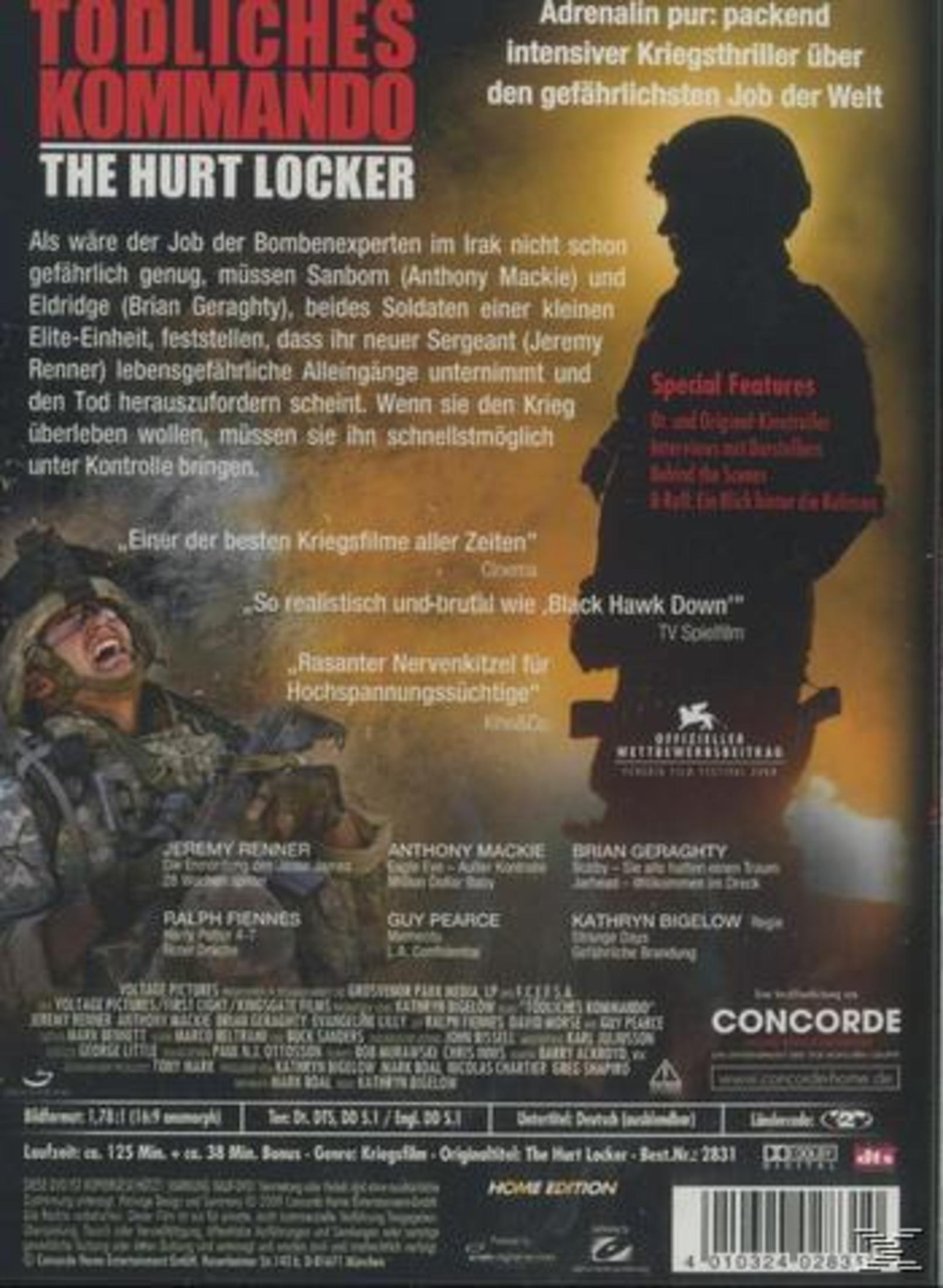 Rückseite der DVD-Hülle des Films The Hurt Locker mit Soldaten in Kampfausrüstung, Text und Barcode.