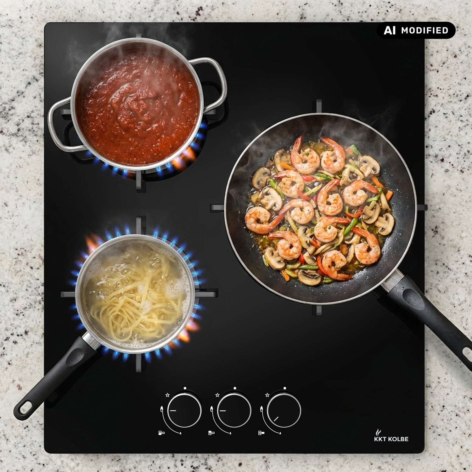 Un piano cottura nero con padella e pentole cuoce pasta e gamberetti.
