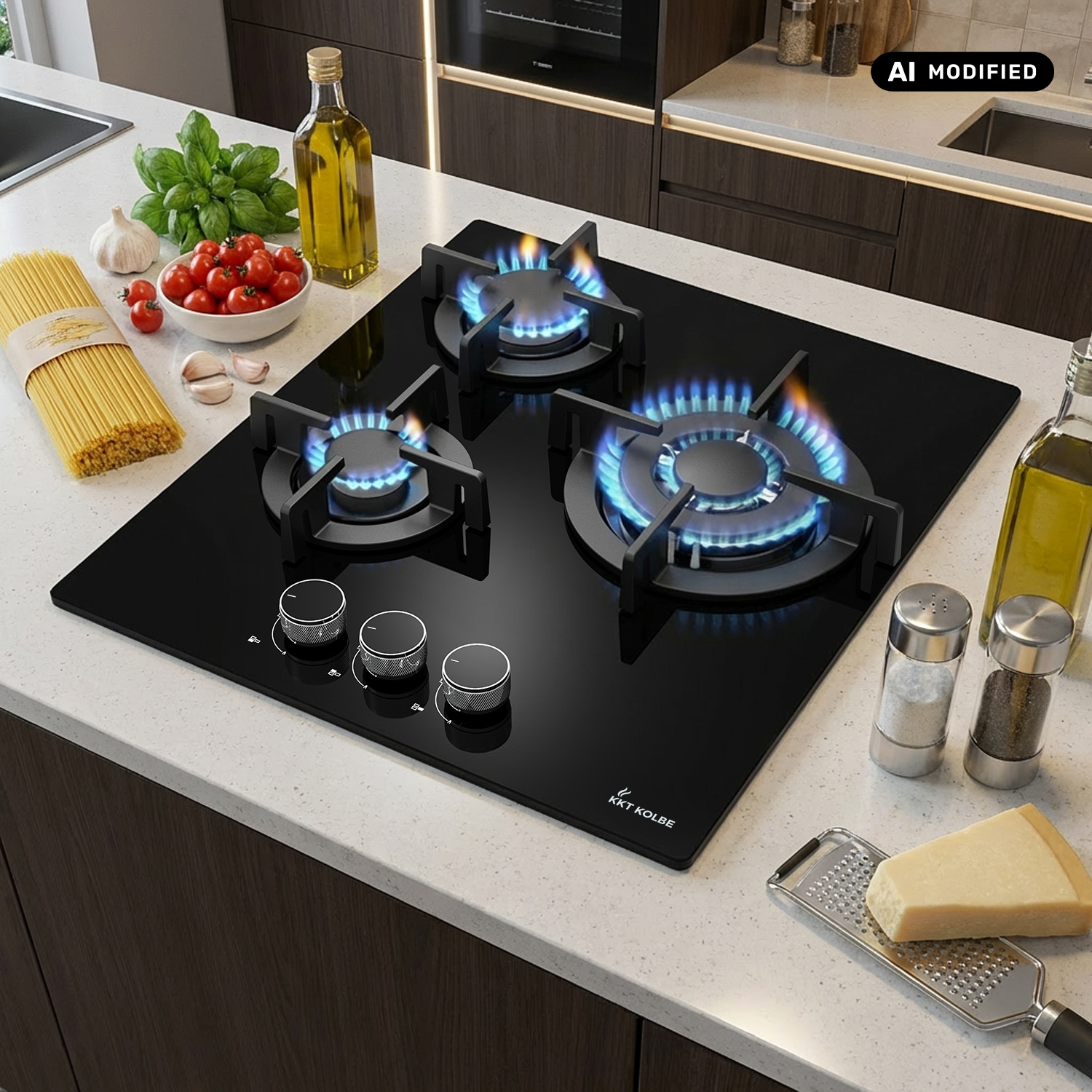 Un piano cottura a gas nero con tre fiamme blu accese su un piano di lavoro bianco, circondato da ingredienti.