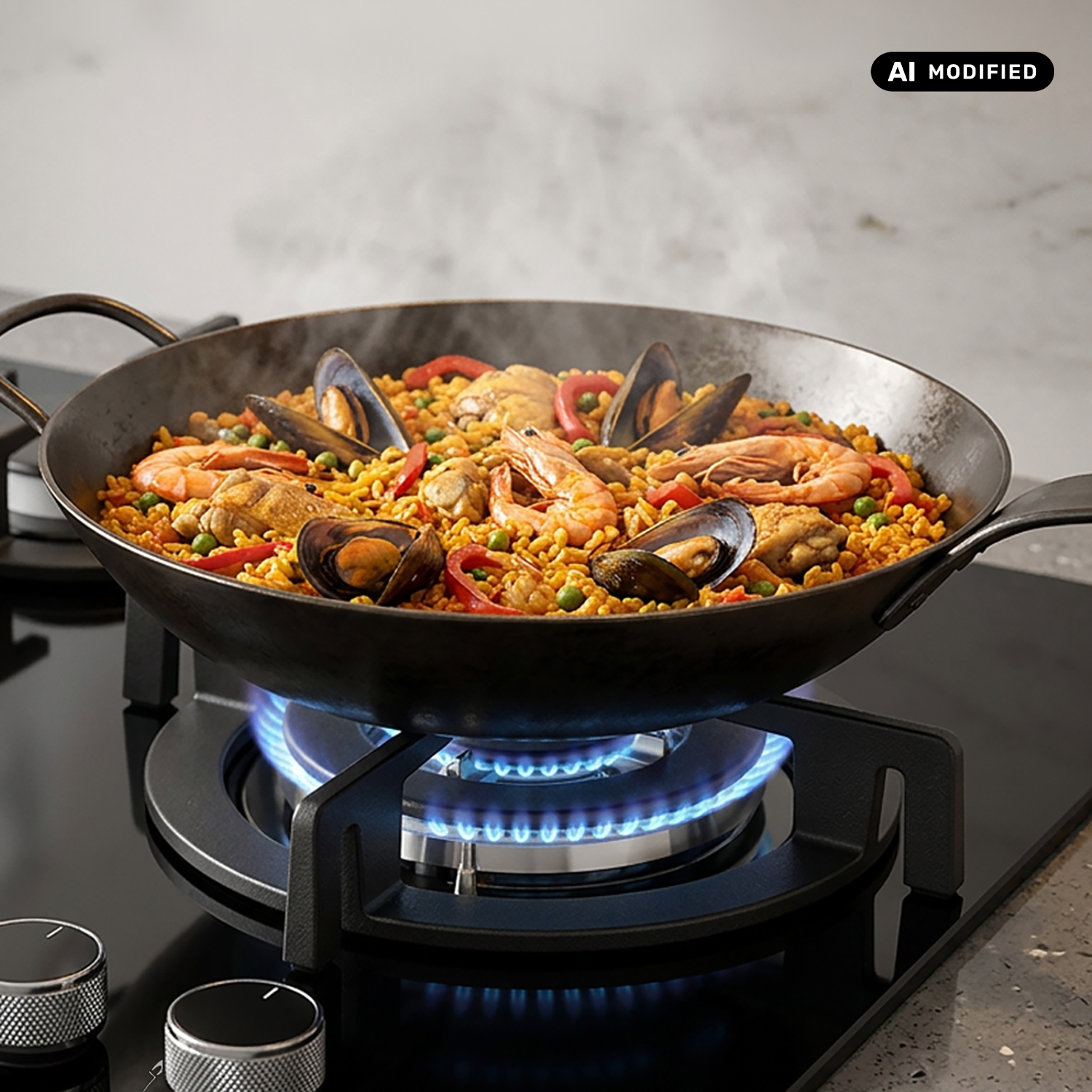 Una grande padella di paella di frutti di mare fumante su un fuoco a gas.