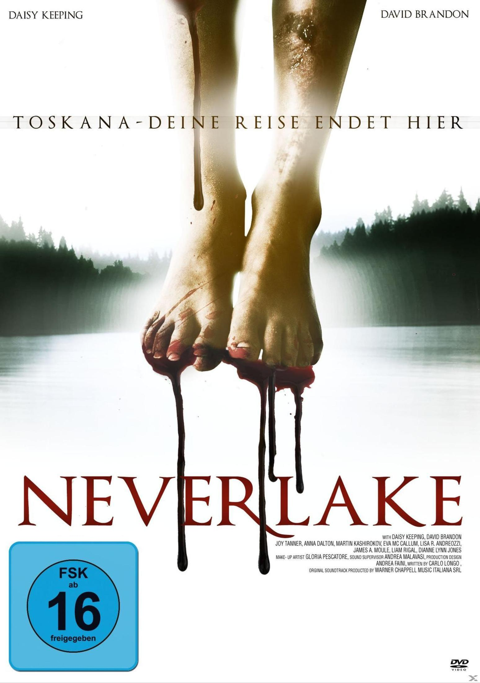 Filmposter zu Never Lake mit blutigen Füßen, die über einem See hängen.
