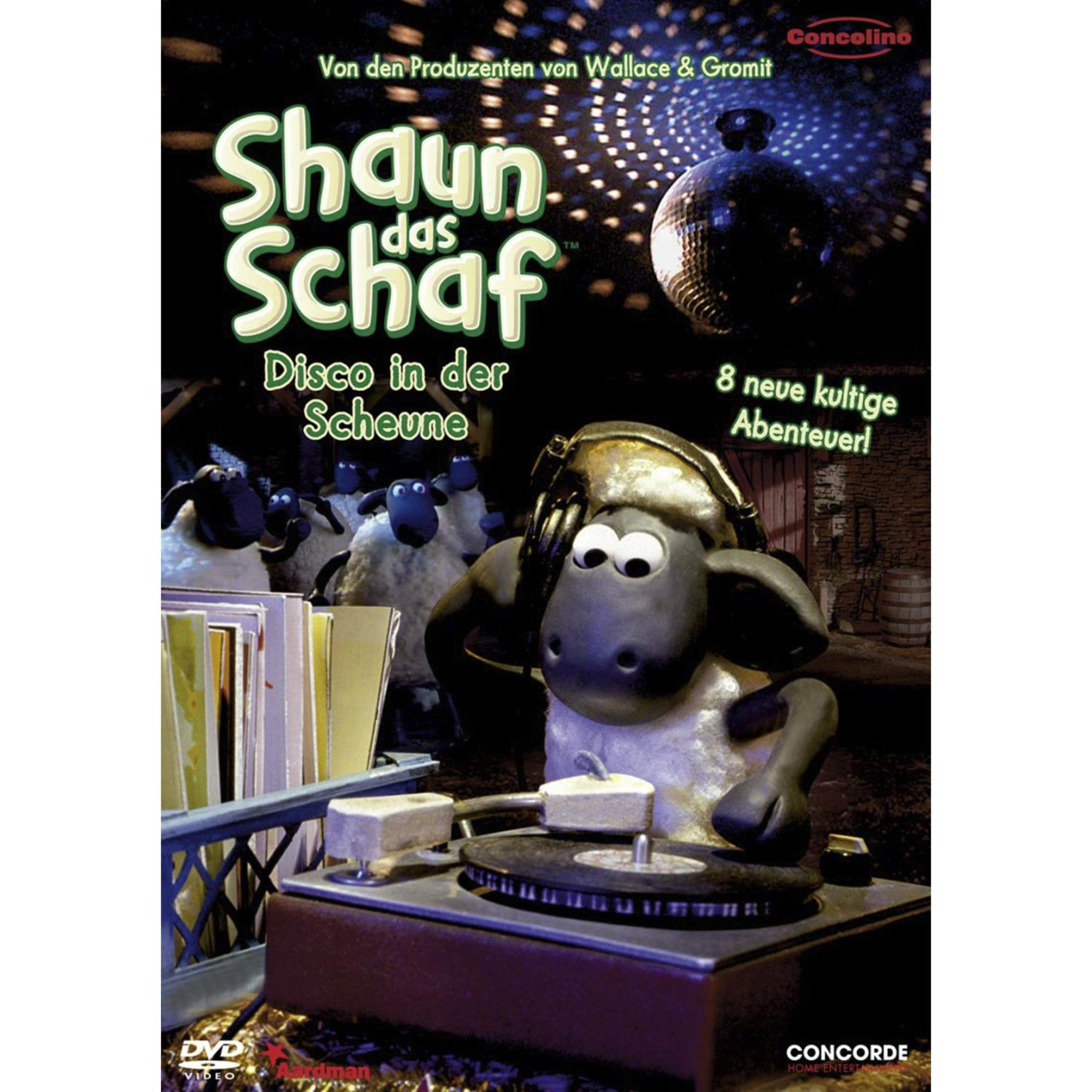 Shaun das Schaf DVD Cover mit Shaun als DJ in der Scheune.