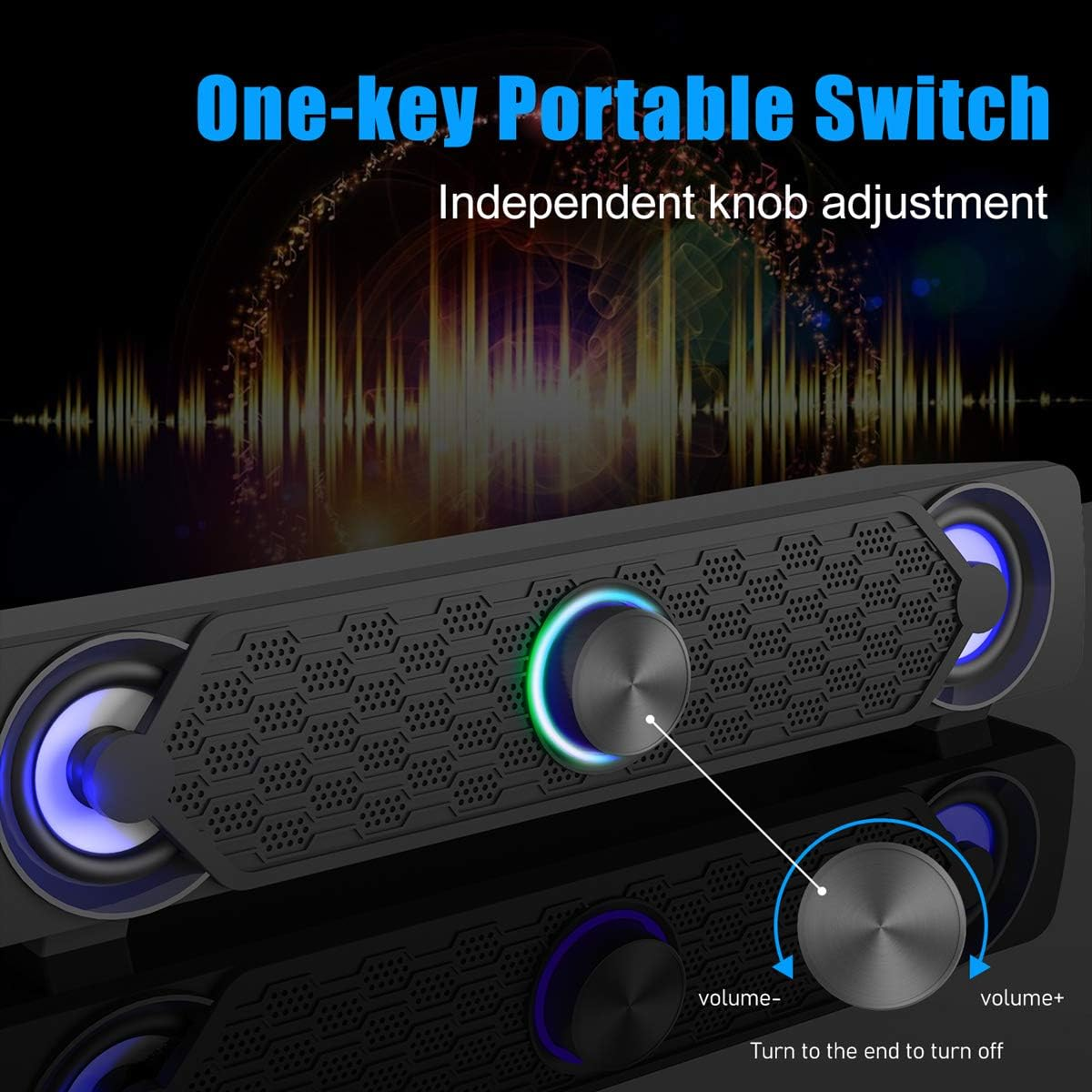 Eine schwarze, tragbare Soundbar hat einen zentralen Lautstärkeregler, blau beleuchtete Lautsprecher und eine Tonwellen-Hintergrundgrafik.