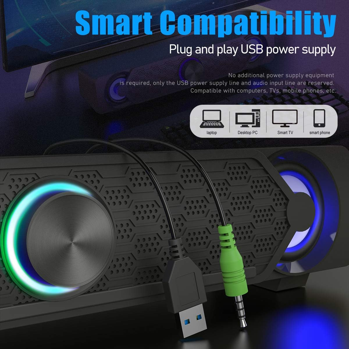 Schwarze Soundbar mit blauem Licht und USB-Kabel sowie Klinkenstecker.