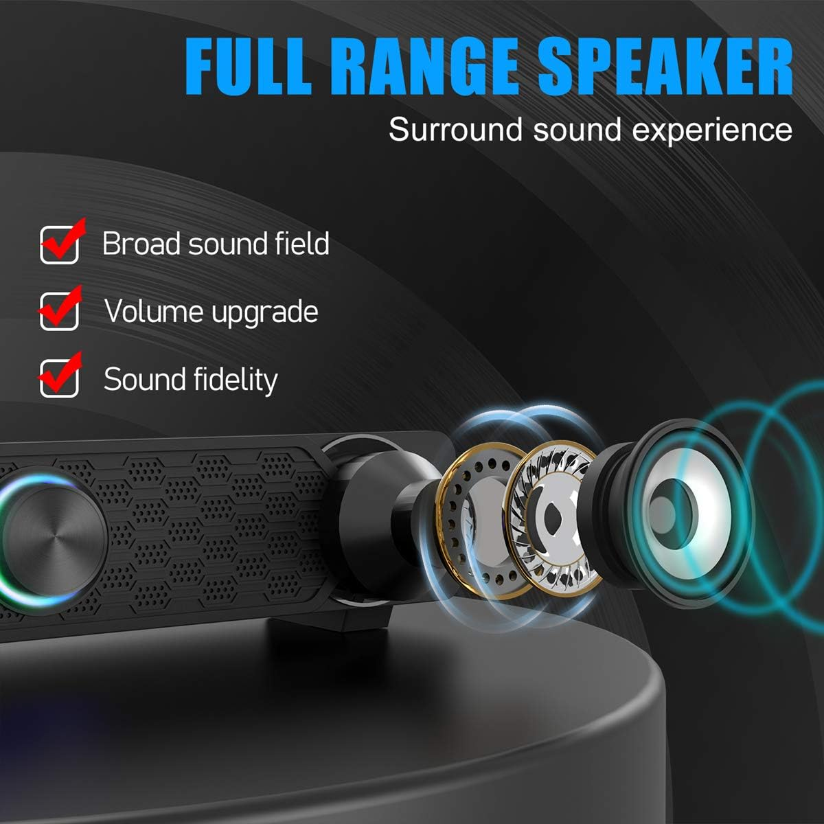 Ein Full-Range-Lautsprecher mit Surround-Sound, dargestellt mit geöffneten Treibern und drei Hauptmerkmalen.