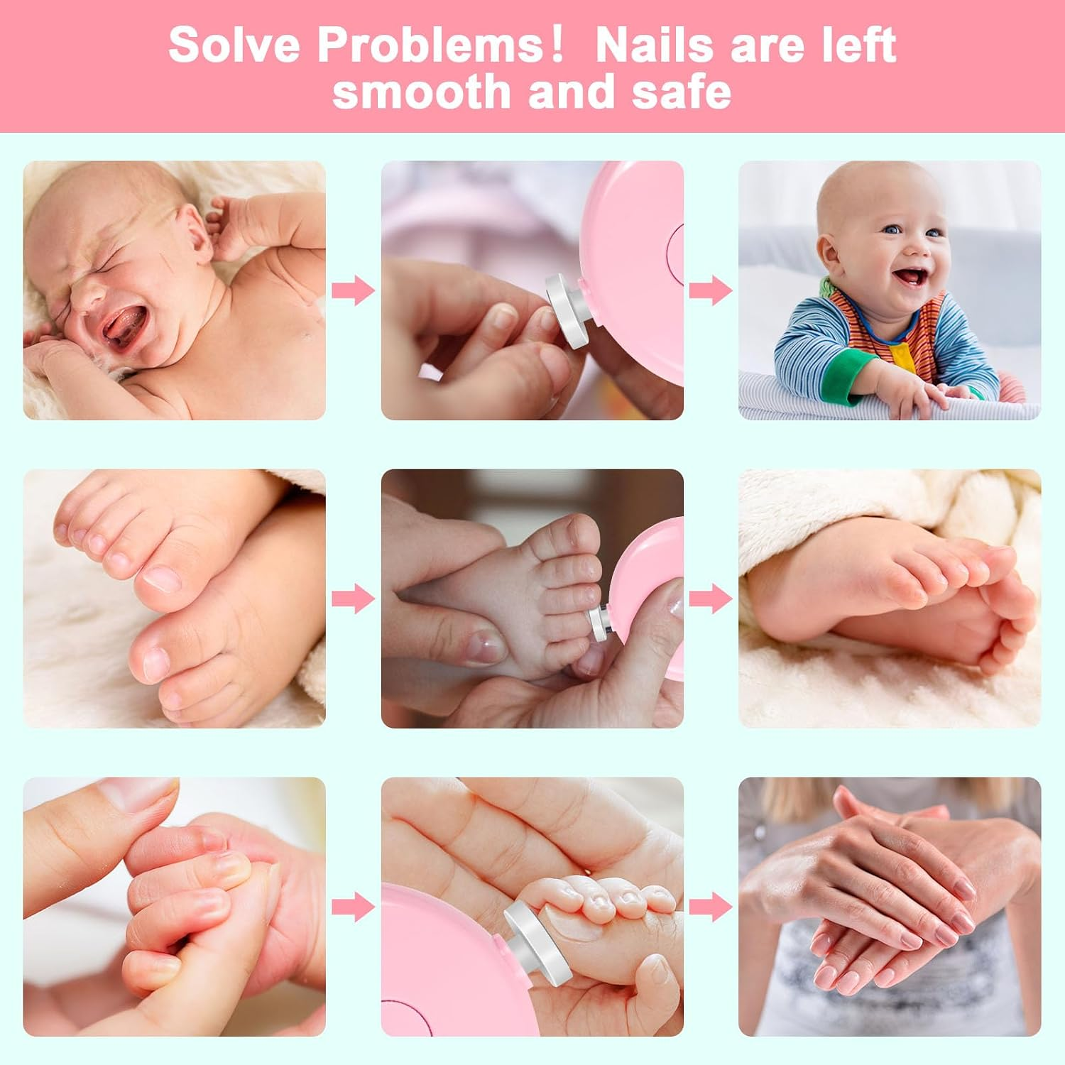 Eine Collage zeigt Schritte zur Verwendung eines elektrischen Nagelfeilers für die sichere Babynagelpflege.