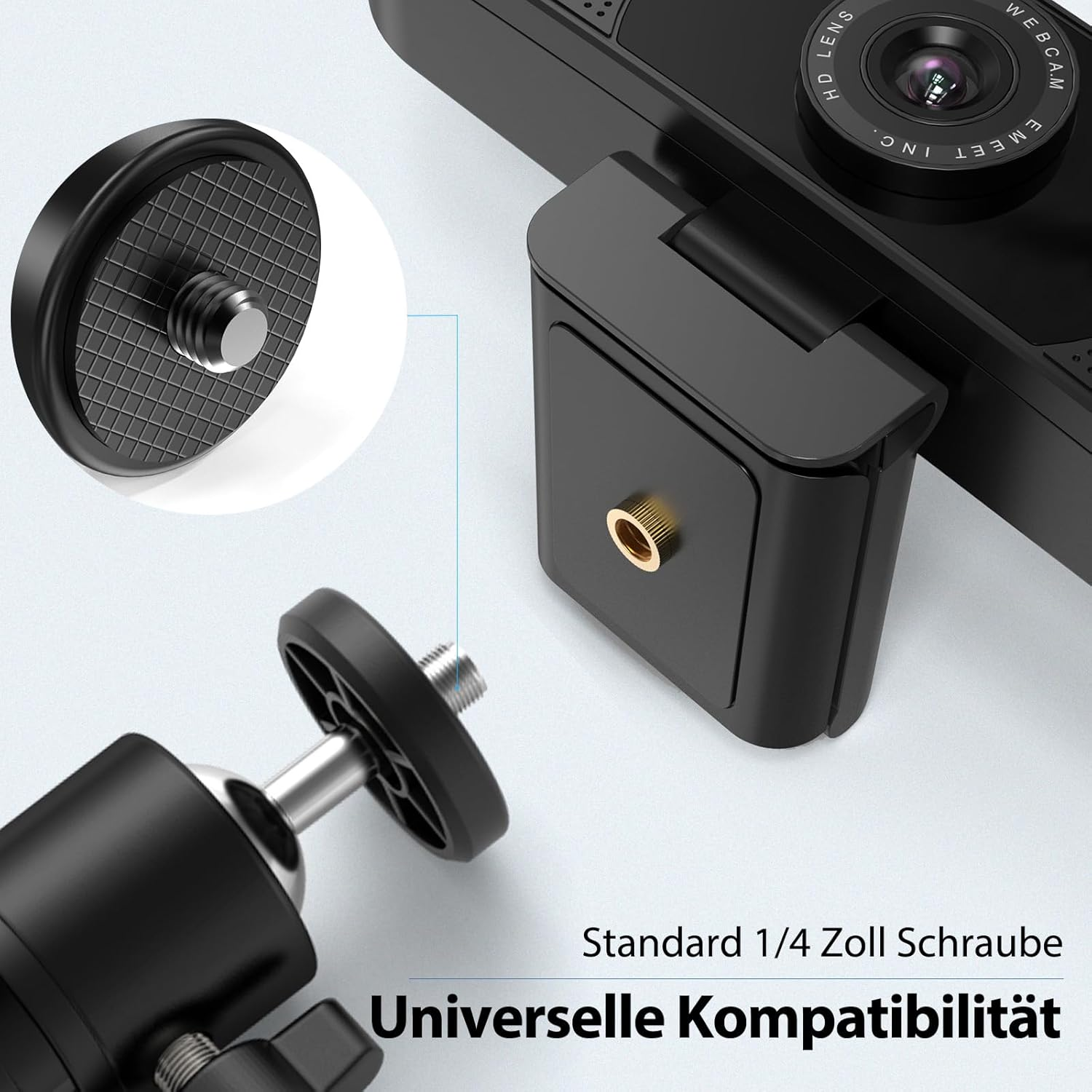 Nahaufnahme einer Webcam mit einem Standard 1/4 Zoll Schraubgewinde für universelle Kompatibilität auf weißem Grund.