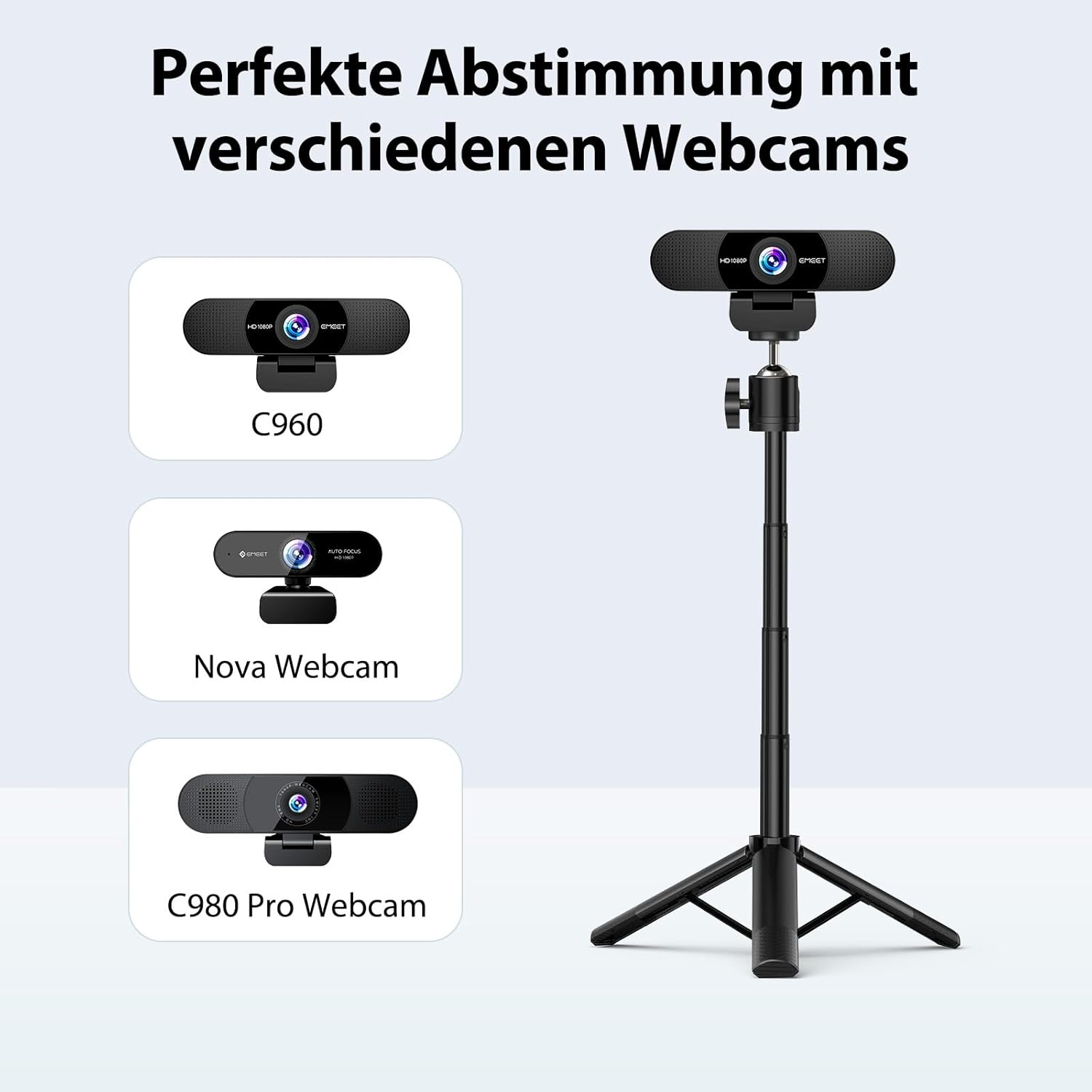 Eine schwarze Webcam auf einem verstellbaren Stativ mit drei verschiedenen Webcams links.