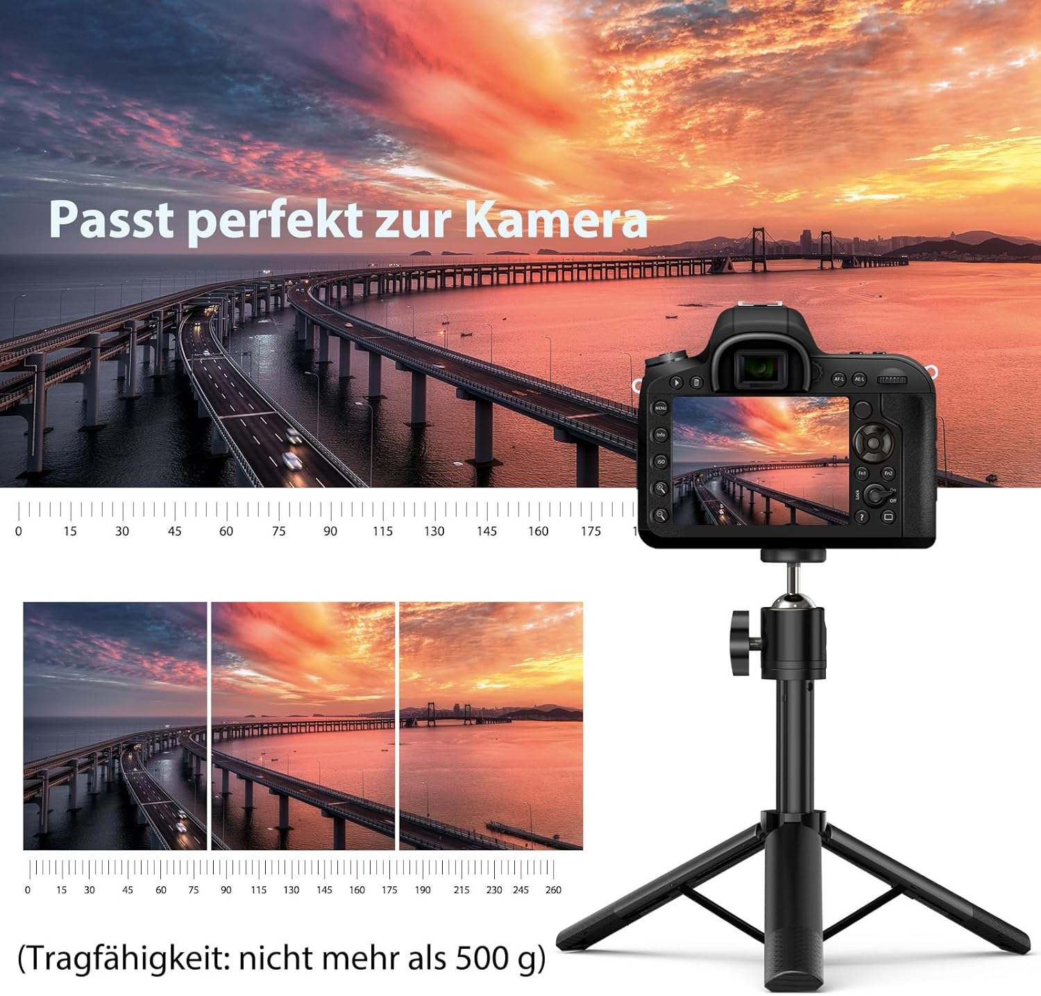 Kamera auf einem schwarzen Stativ vor einer Brücke im Sonnenuntergang.