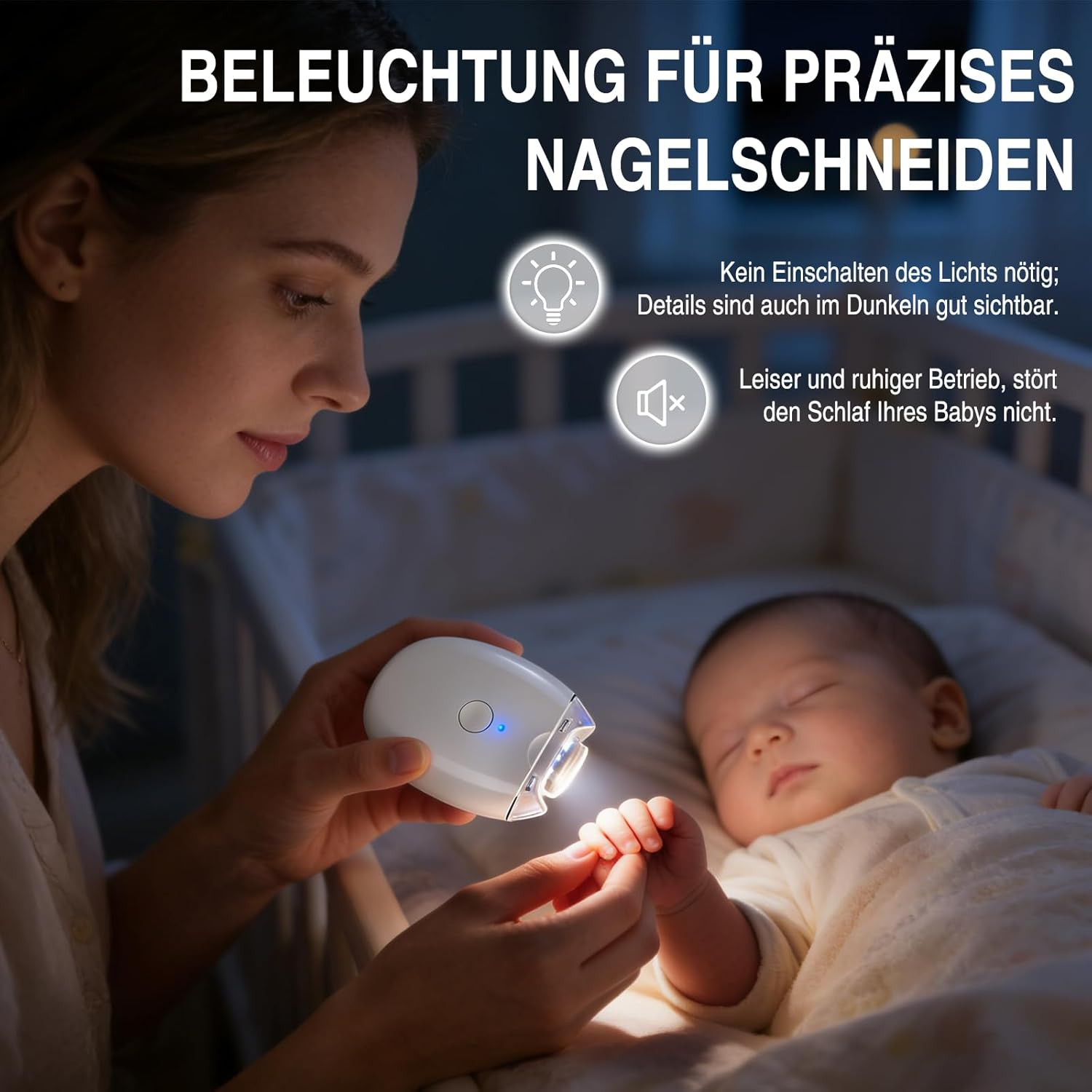 Frau schneidet mit einem beleuchteten Nagelknipser die Fingernägel ihres schlafenden Babys.