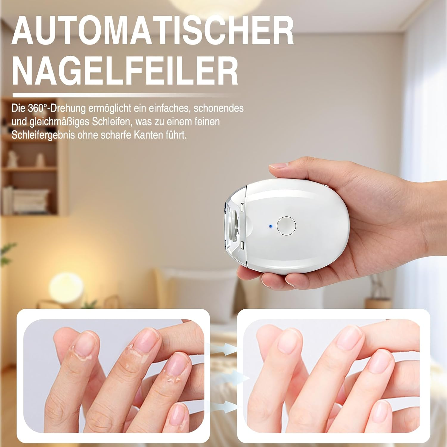 Hand hält weiße elektrische Nagel feile mit Vorher-Nachher-Vergleich von Fingernägeln.