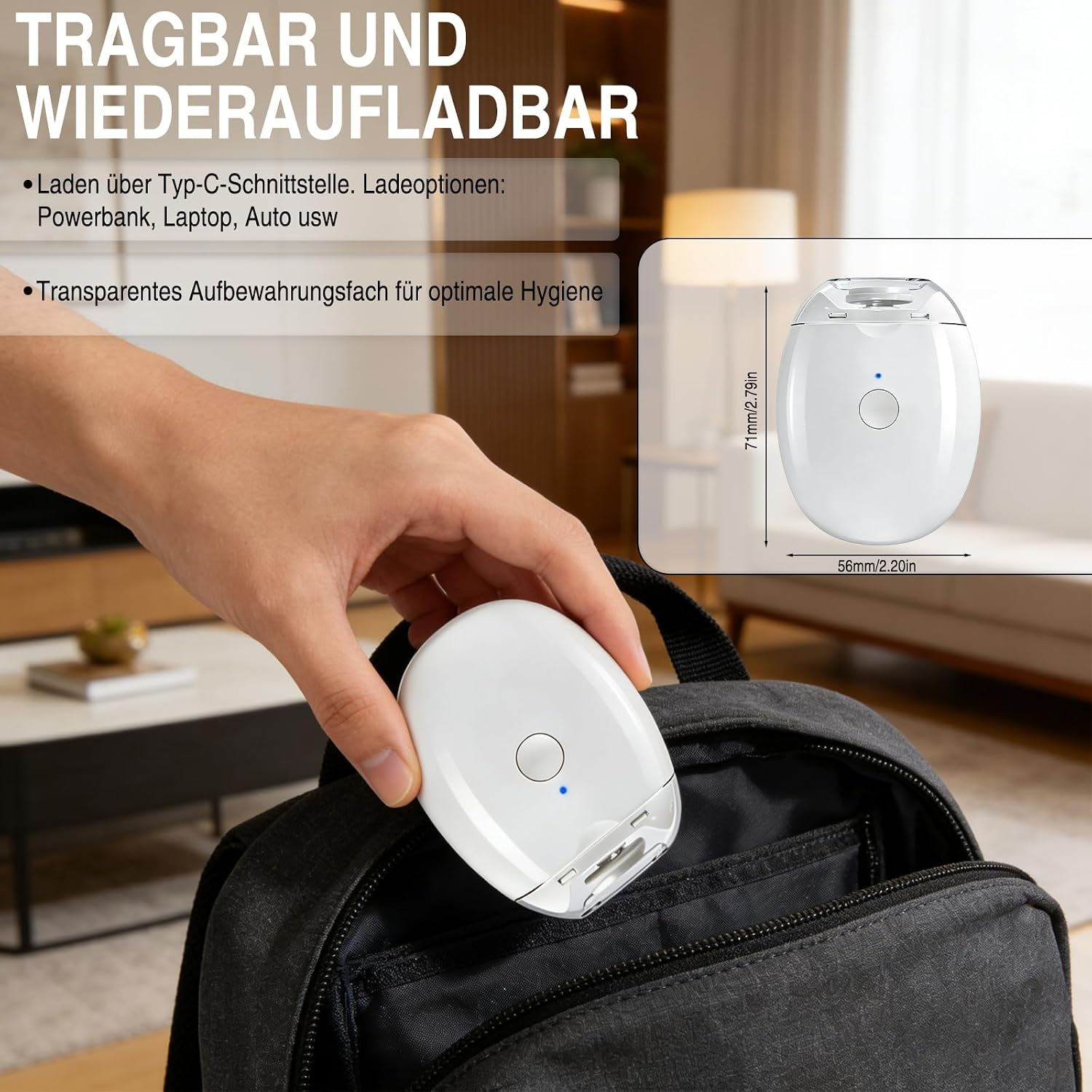 Eine Hand legt einen weißen, tragbaren Pillenzerkleinerer in ein dunkles Wohnzimmer.