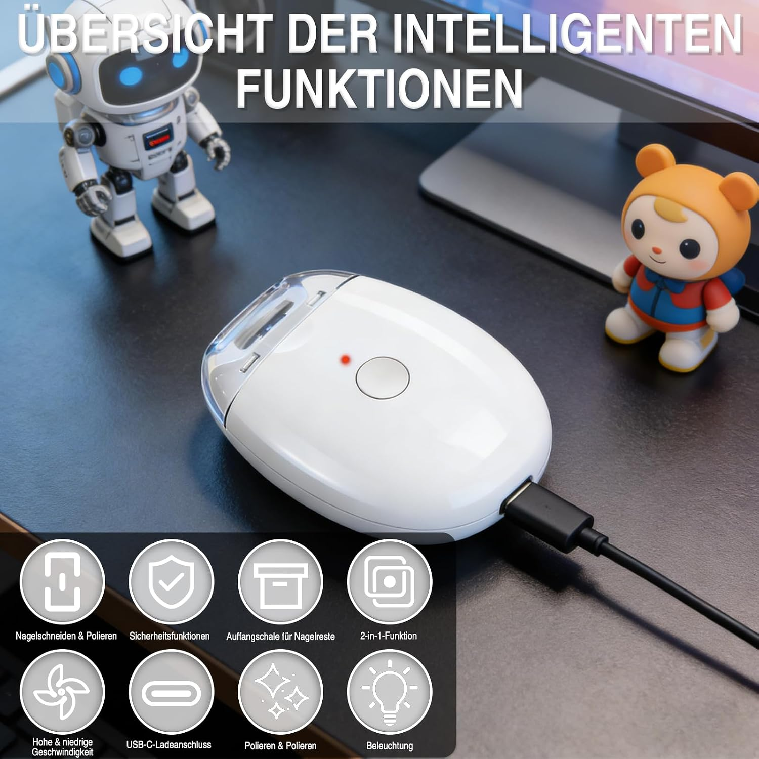 Ein weißer elektrischer Nagelknipser an einem Ladekabel auf einem Schreibtisch, mit Roboter und Bär.
