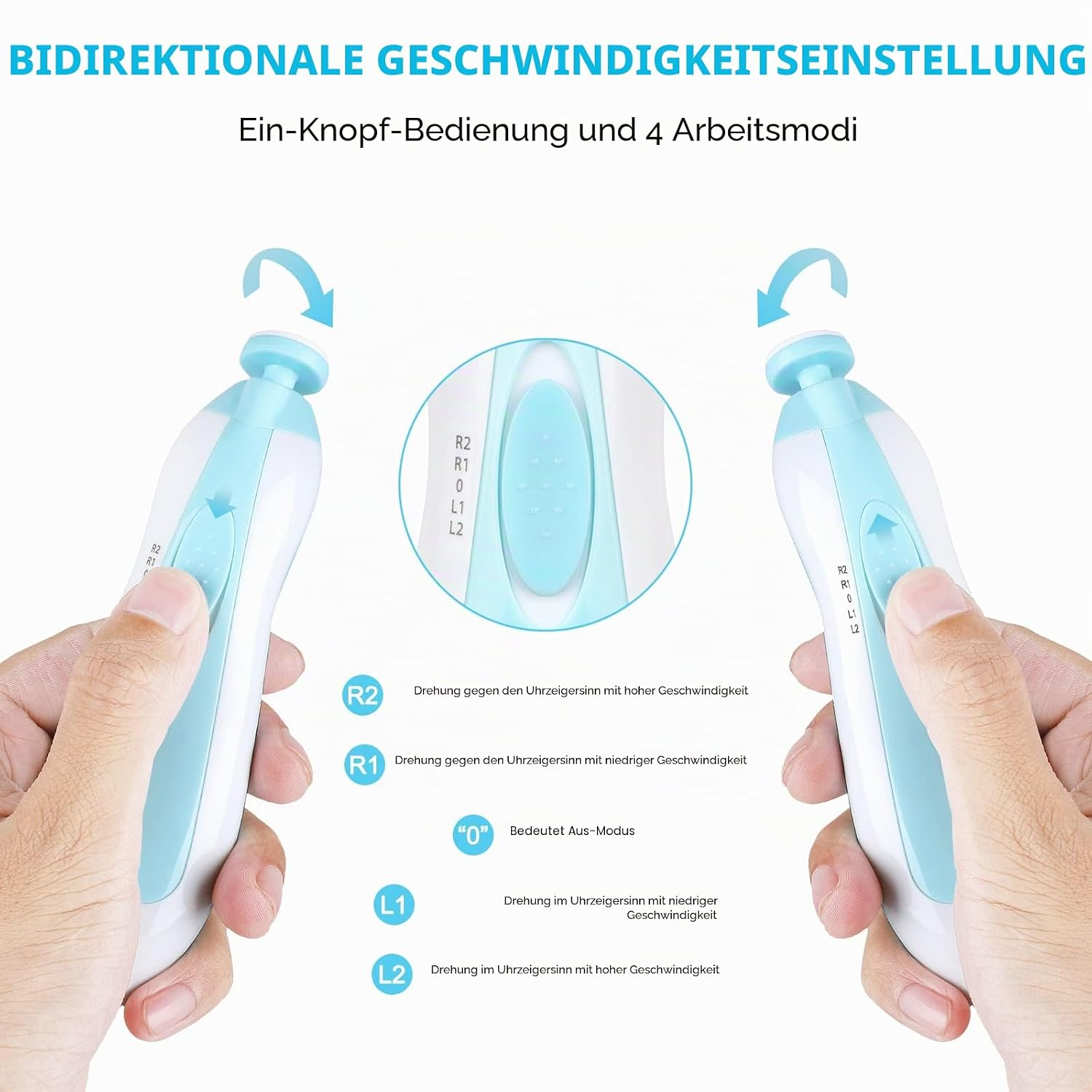 Diagramm zeigt bidirektionale Geschwindigkeitsregelung eines elektrischen Nagelpflegegeräts mit verschiedenen Modi.