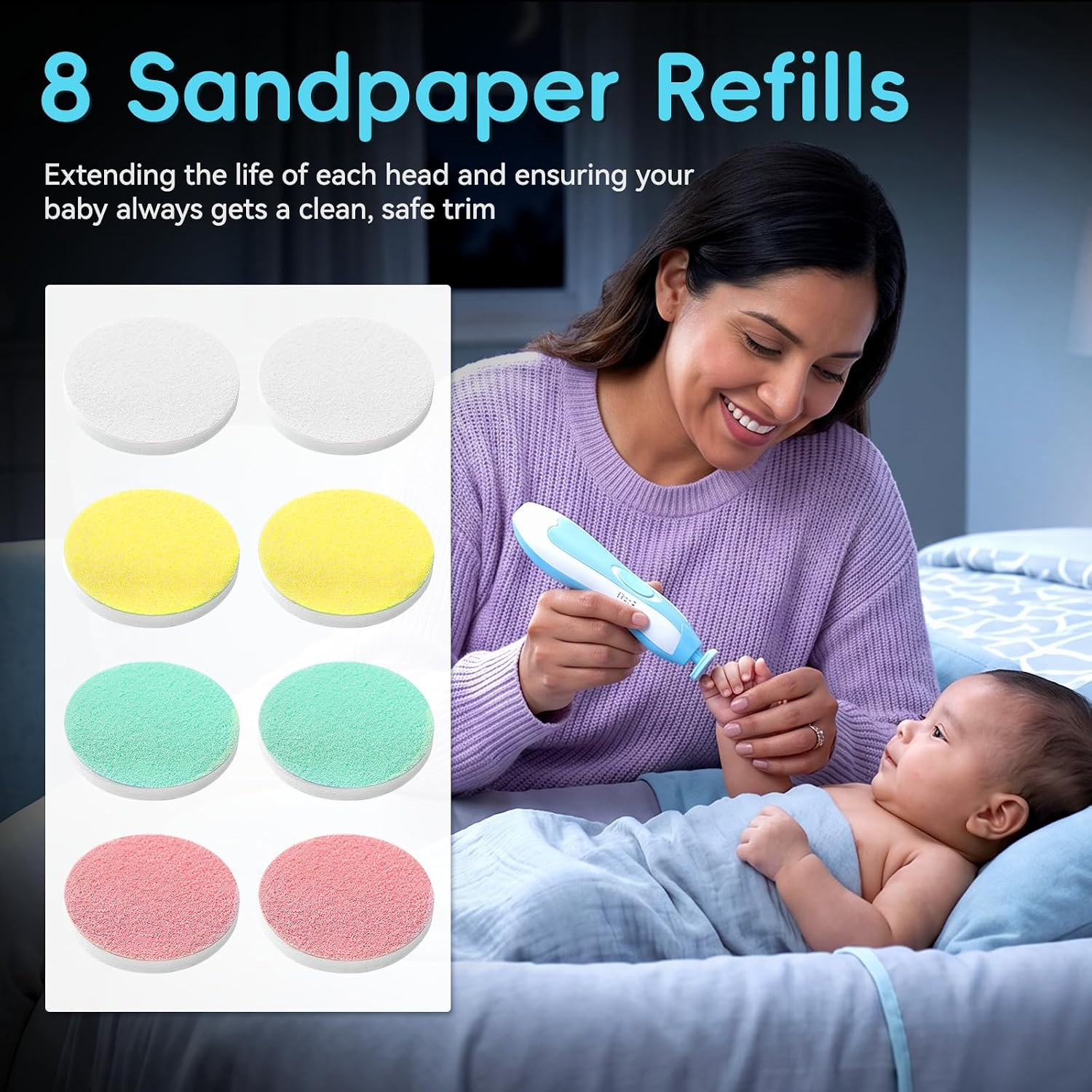 Eine Frau trimmt die Fingernägel eines Babys mit einem Gerät, daneben sind acht Sandpapier-Aufsätze zu sehen.