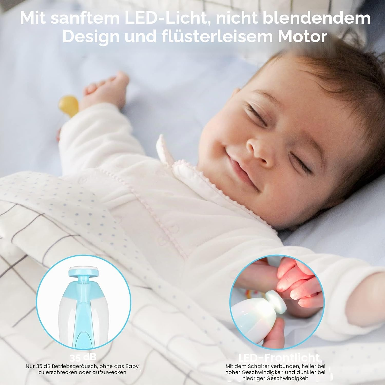 Ein glückliches Baby schläft im Bett, daneben ein elektrischer Nageltrimmer und eine Nahaufnahme der Nutzung.